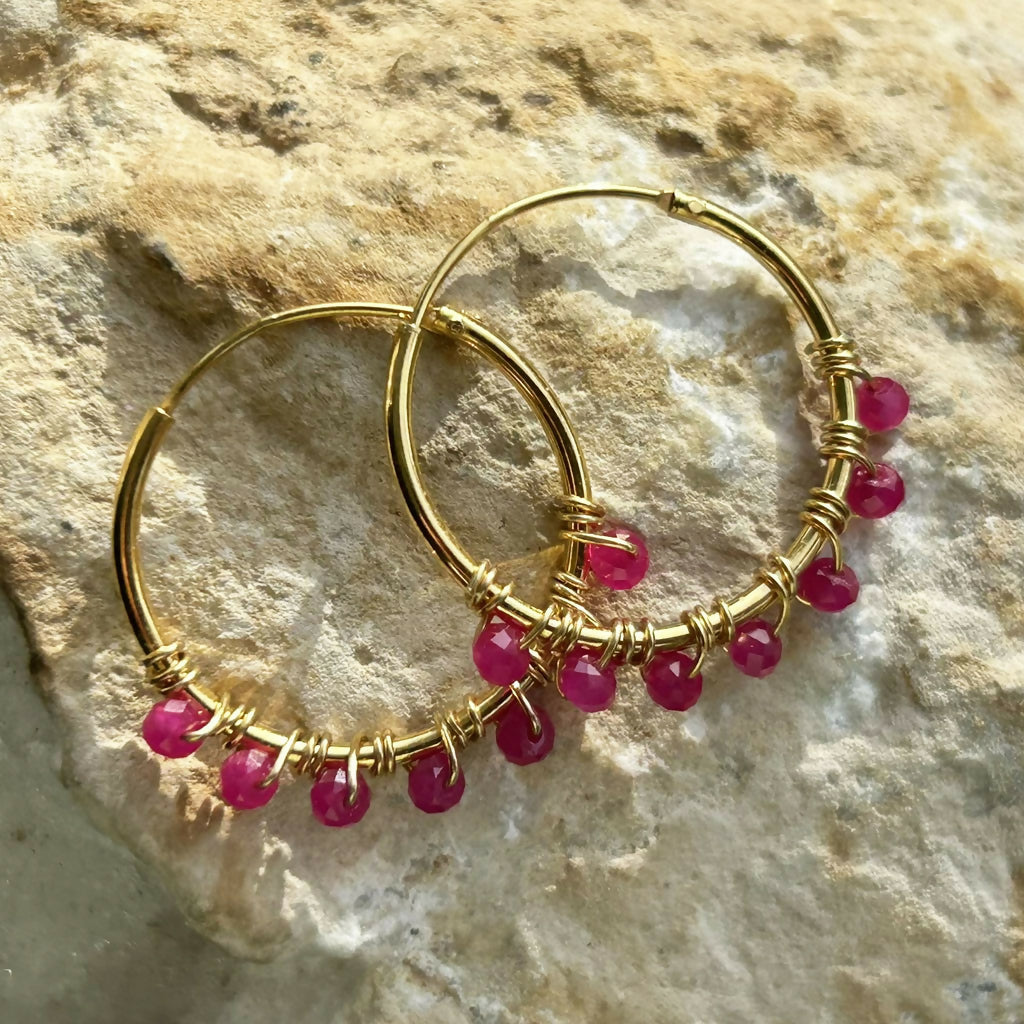 Handmade Gold Vermeil Ruby Beaded Hoop Earrings