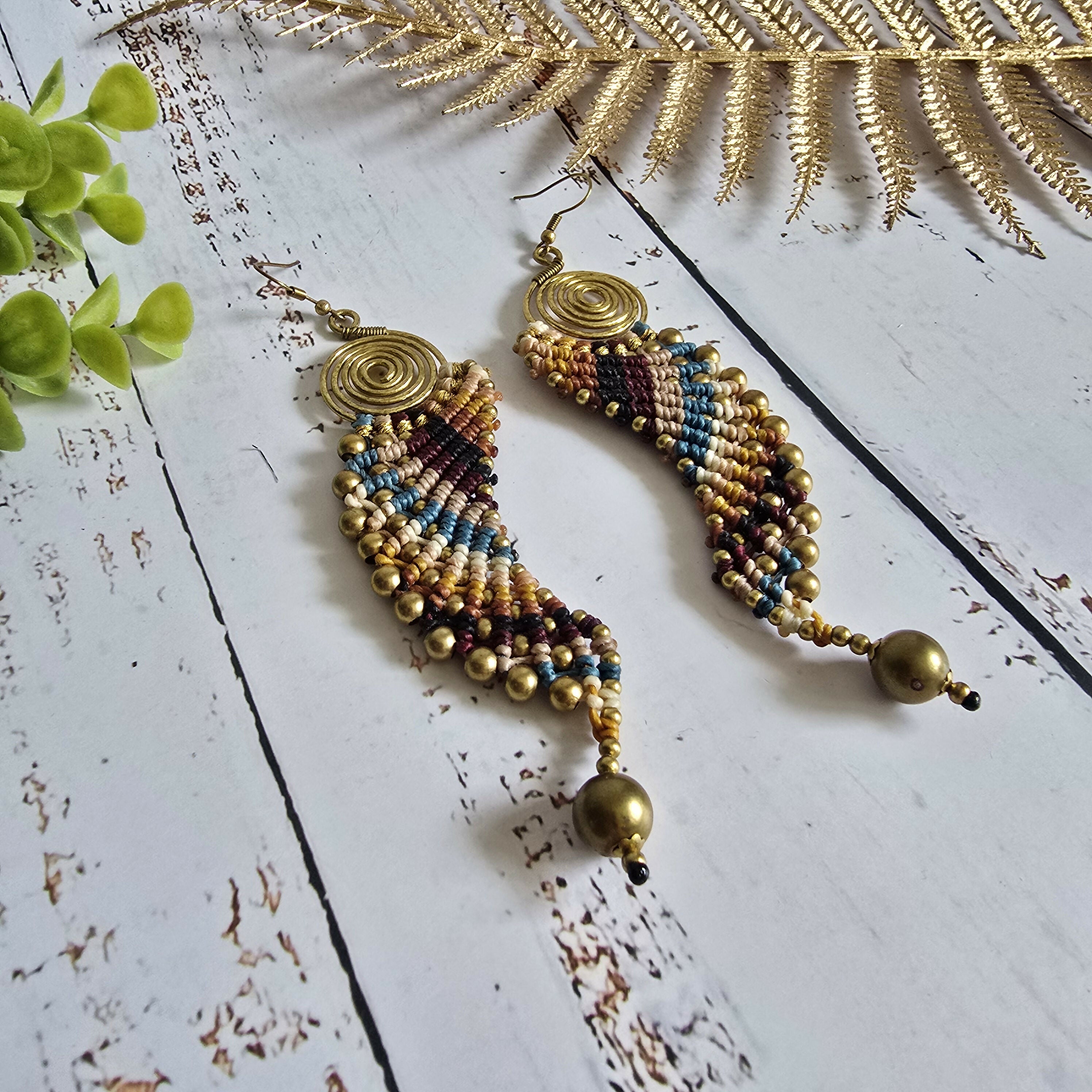 Macrame Angel Wing Earrings: Boho Gold Wire Wrapped Brass Earrings