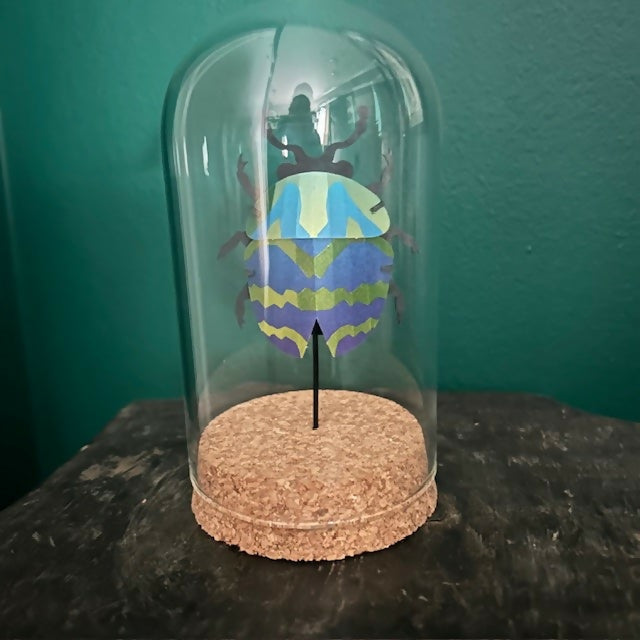 Lovely Glass Dome Featuring A Blue & Green 3D Paper Beetle