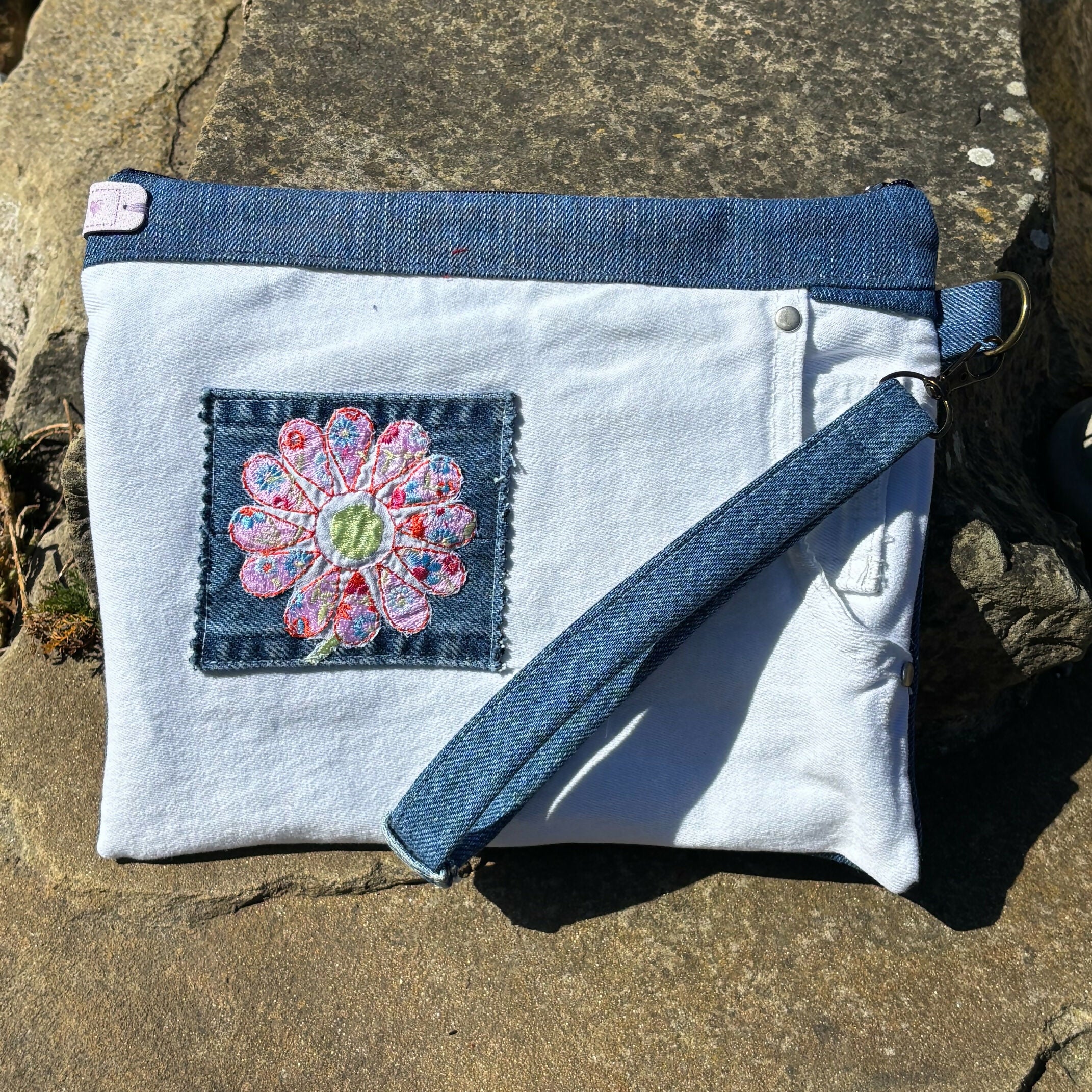 Unique Handcrafted Clutch Purse Wristie Bag Made From Upcycled Jeans And Fabric