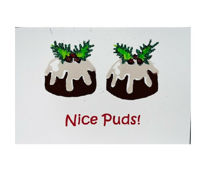 Handprinted Nice Puds Christmas Card