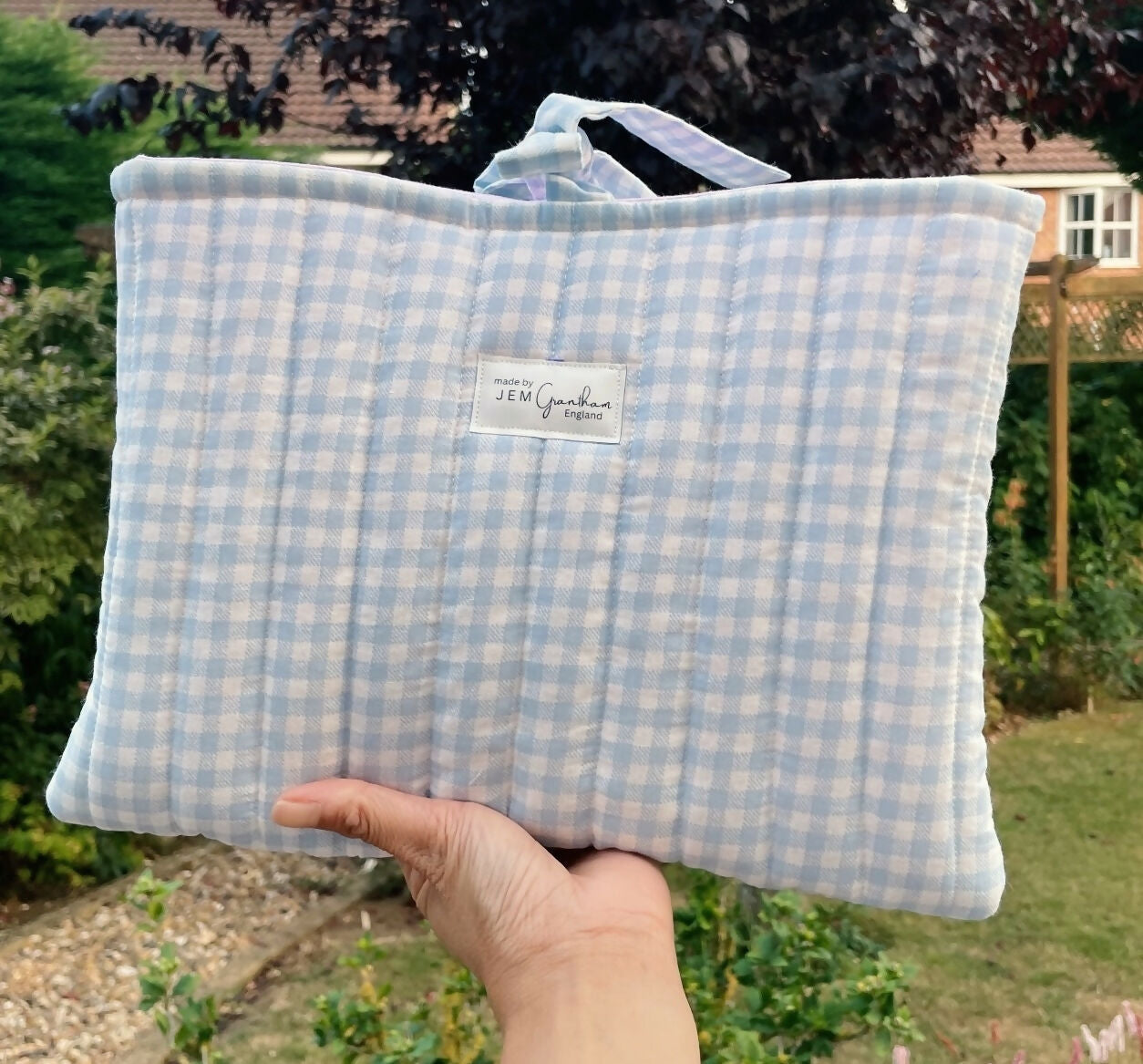 Handmade Quilted Book Sleeve Blue Gingham