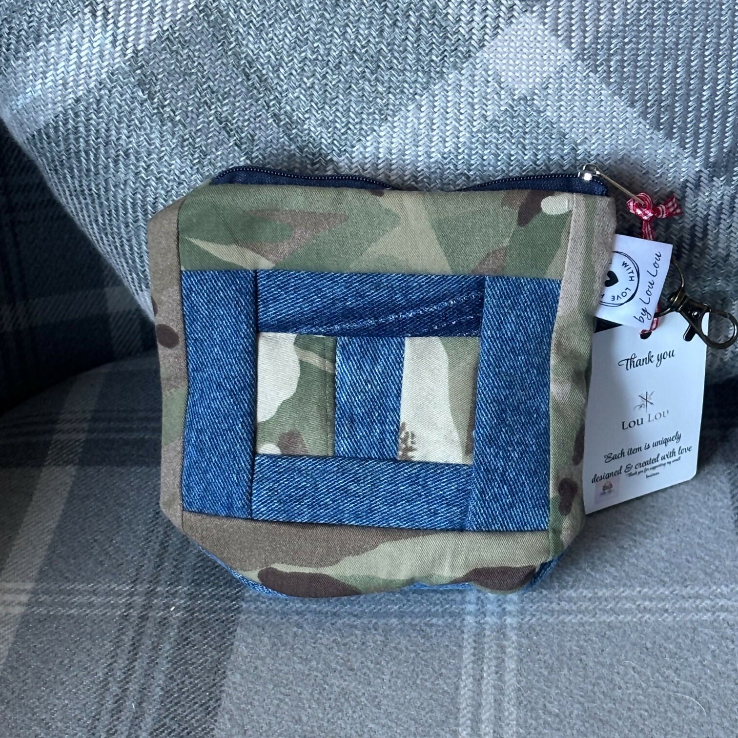 Unique Handcrafted Camouflage Patchwork Purse Cosmetic Bag Made From Upcycled Jeans And Fabric