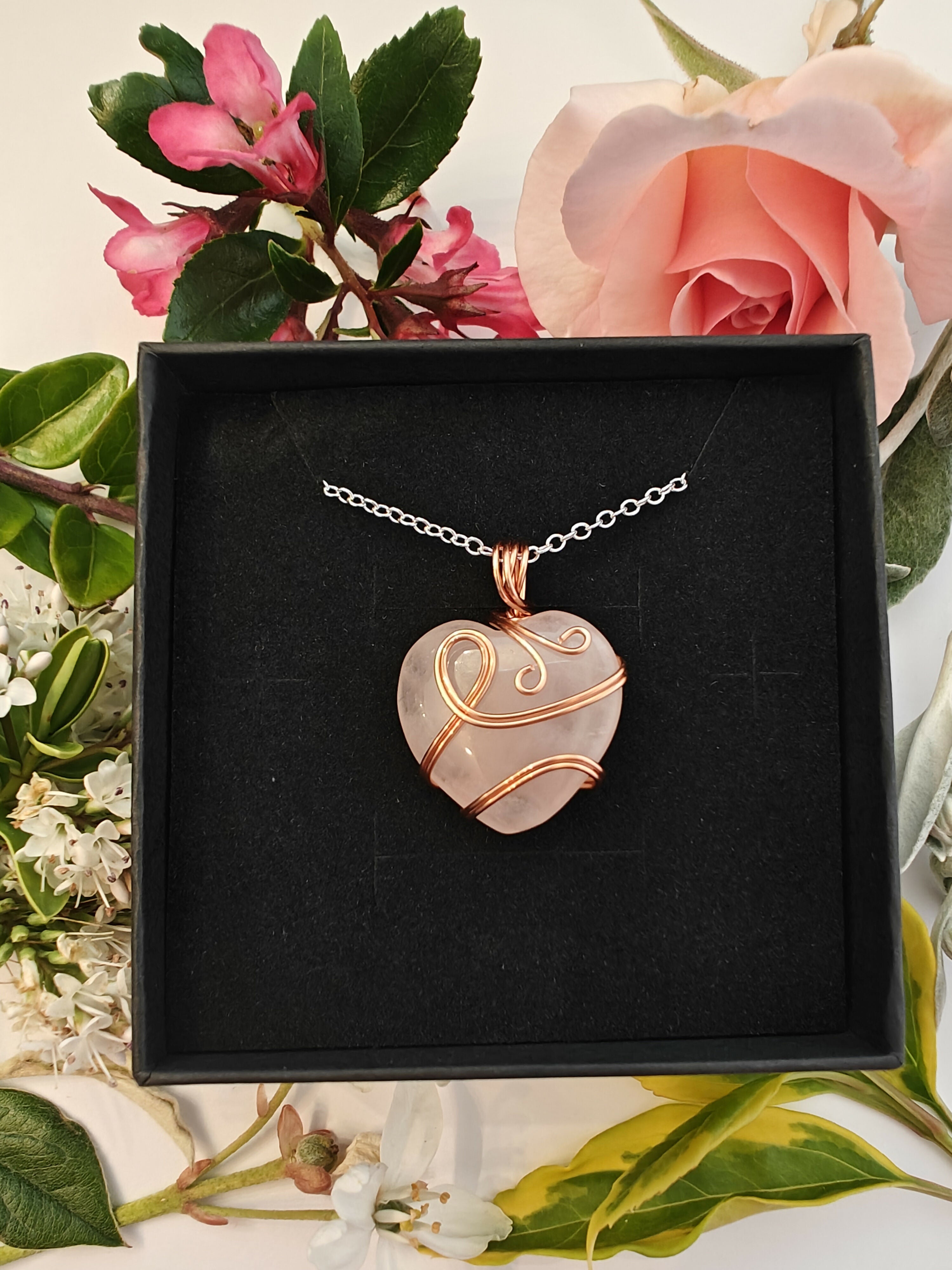 Rose Quartz Wire Wrapped Crystal Heart Necklace on Sterling Silver Chain