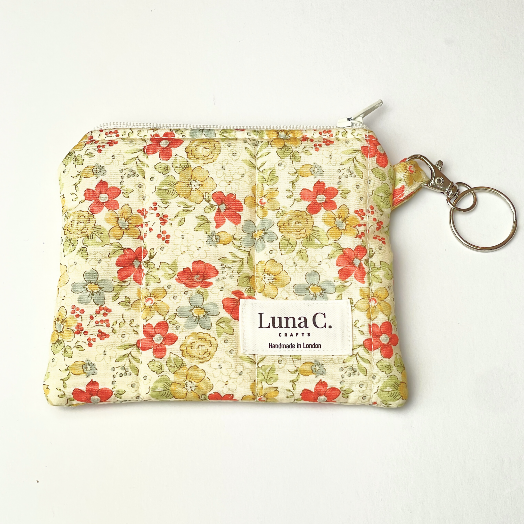 Creamy Yellow Orange Floral Quilted Zipped Keychain Wallet