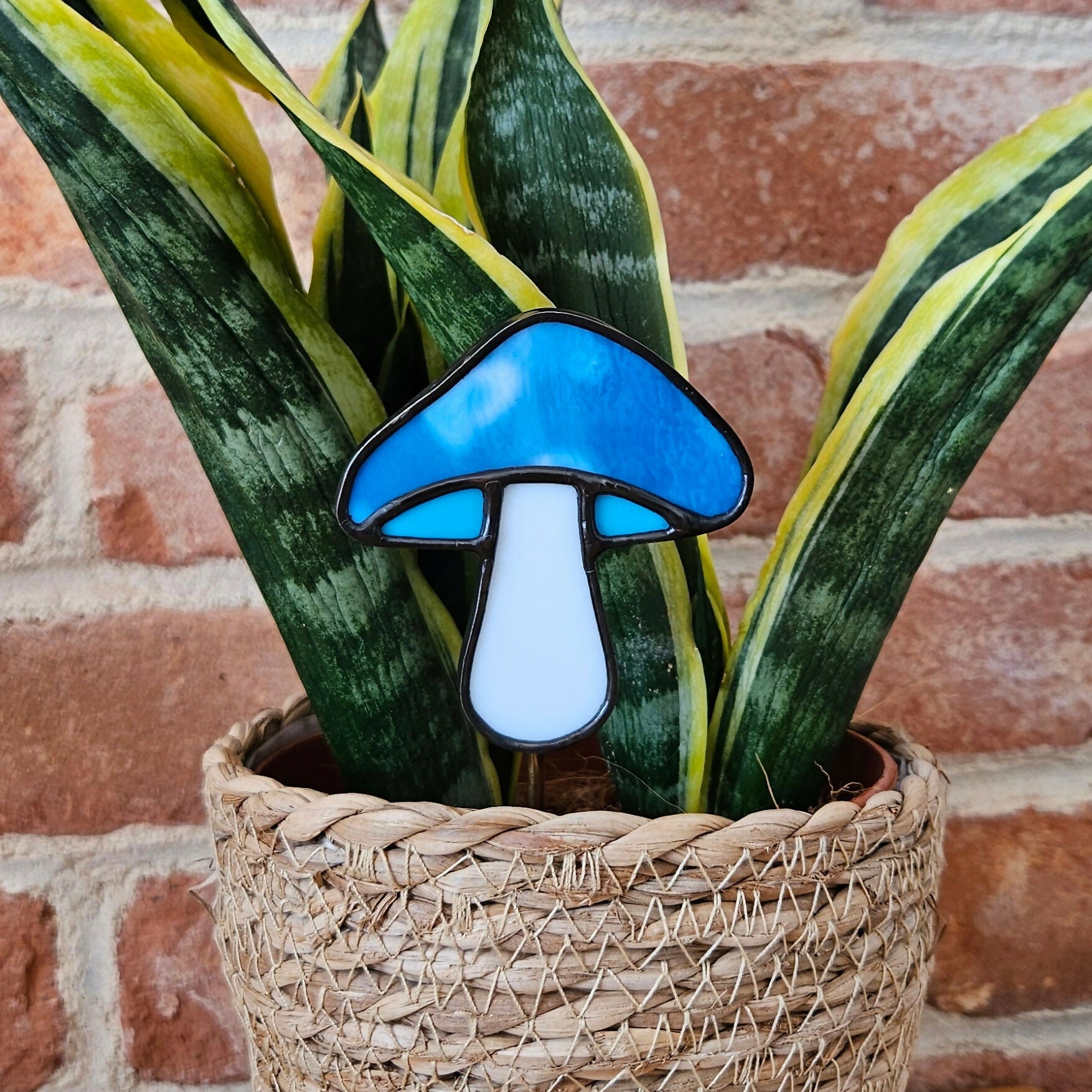 Mottled Blue Mushroom Stained Glass Plantstake
