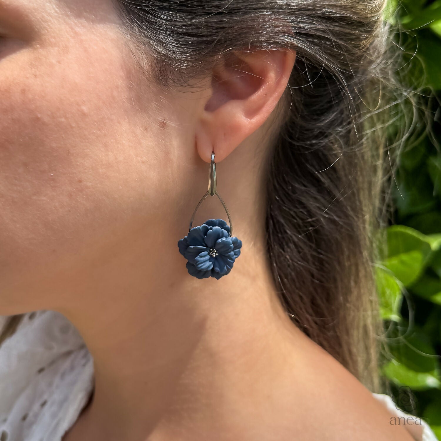 Sculpted Flower Drop Earrings with Silver Hook in Navy Blue