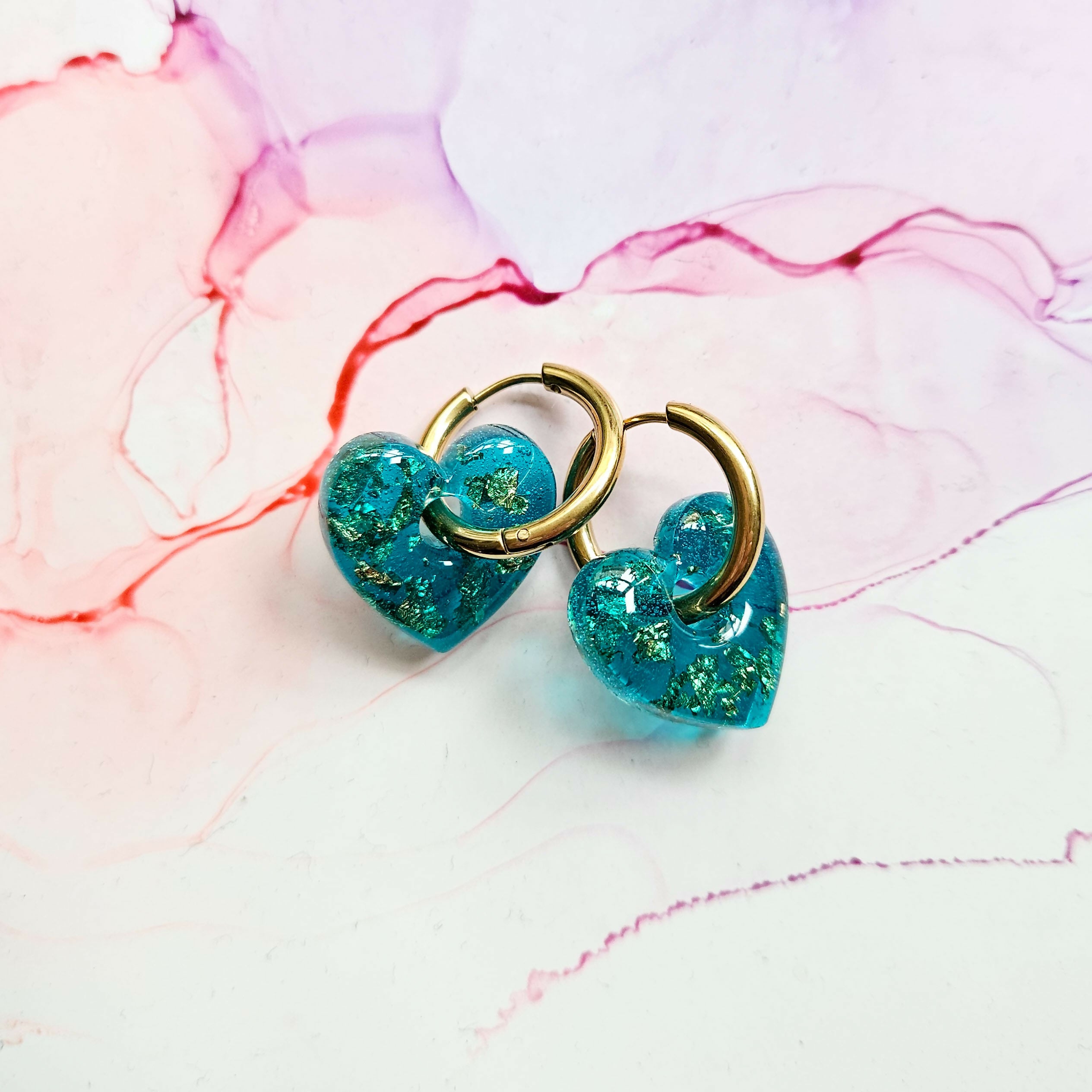 Handmade Translucent Teal And Gold Leaf Resin Heart Charms On Chunky Hoops
