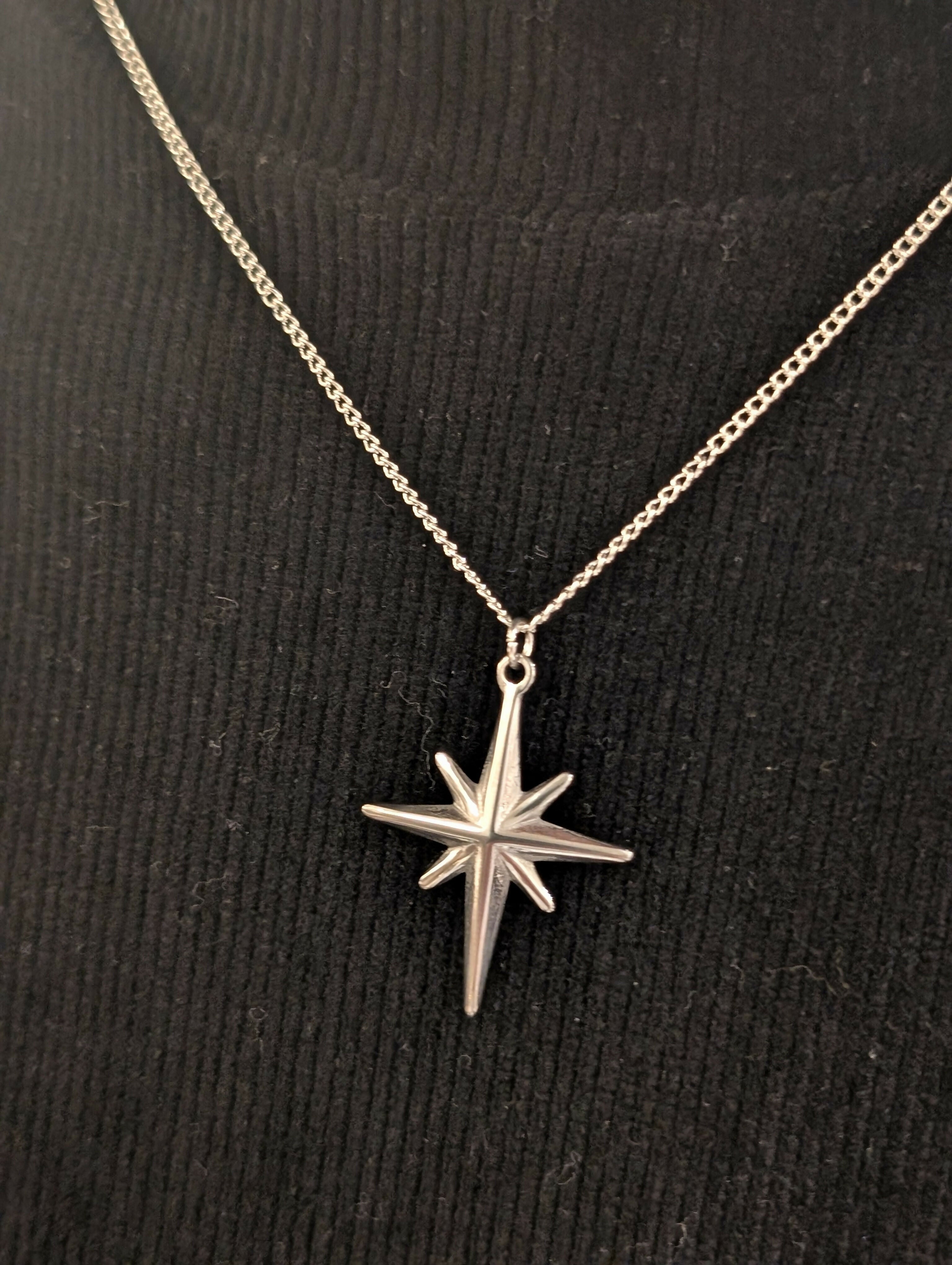 Silver North Star Necklace on Silver Plated Chain