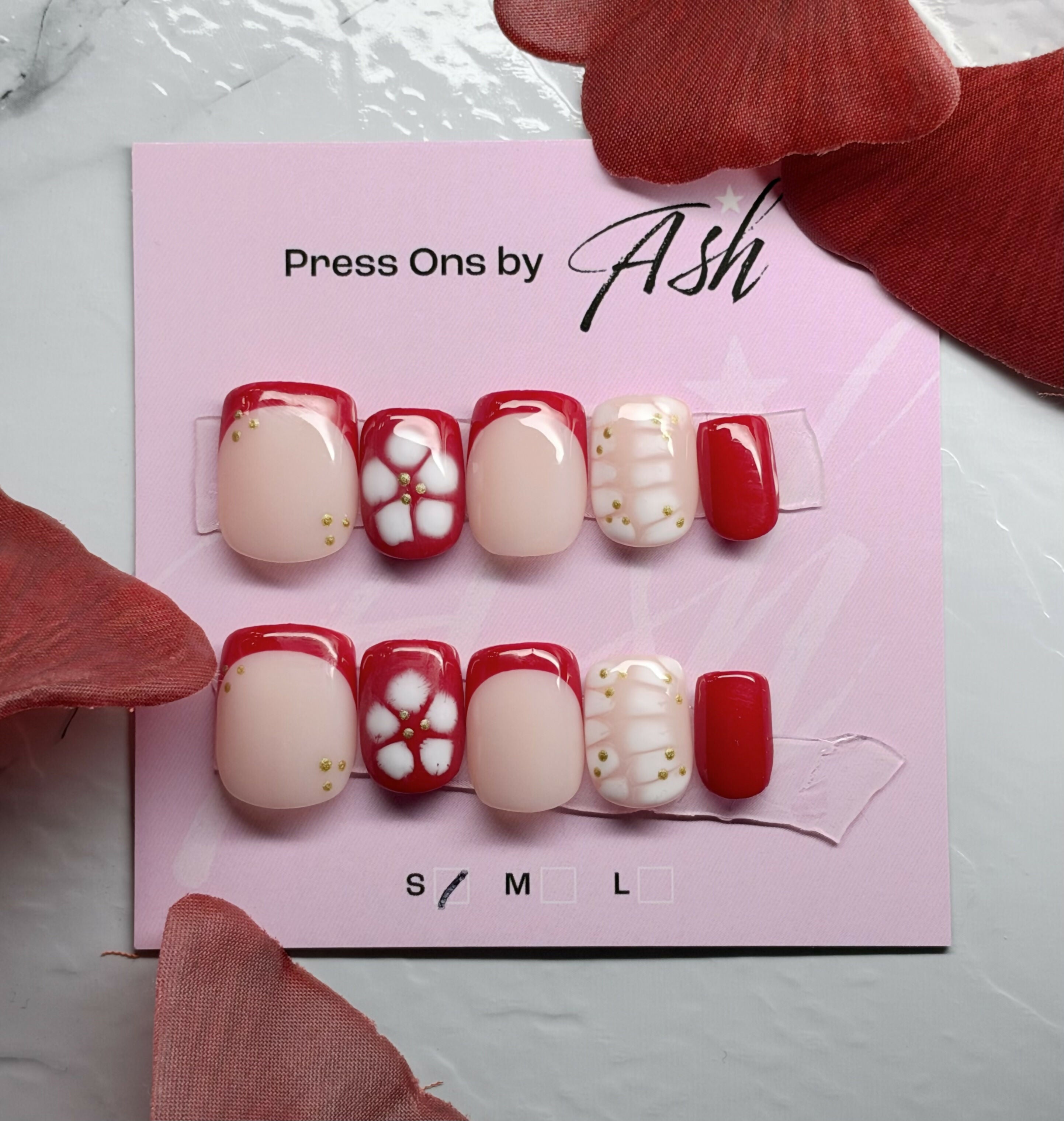 Reusable Red And White French Tip With Flowers Handmade Press On Nails
