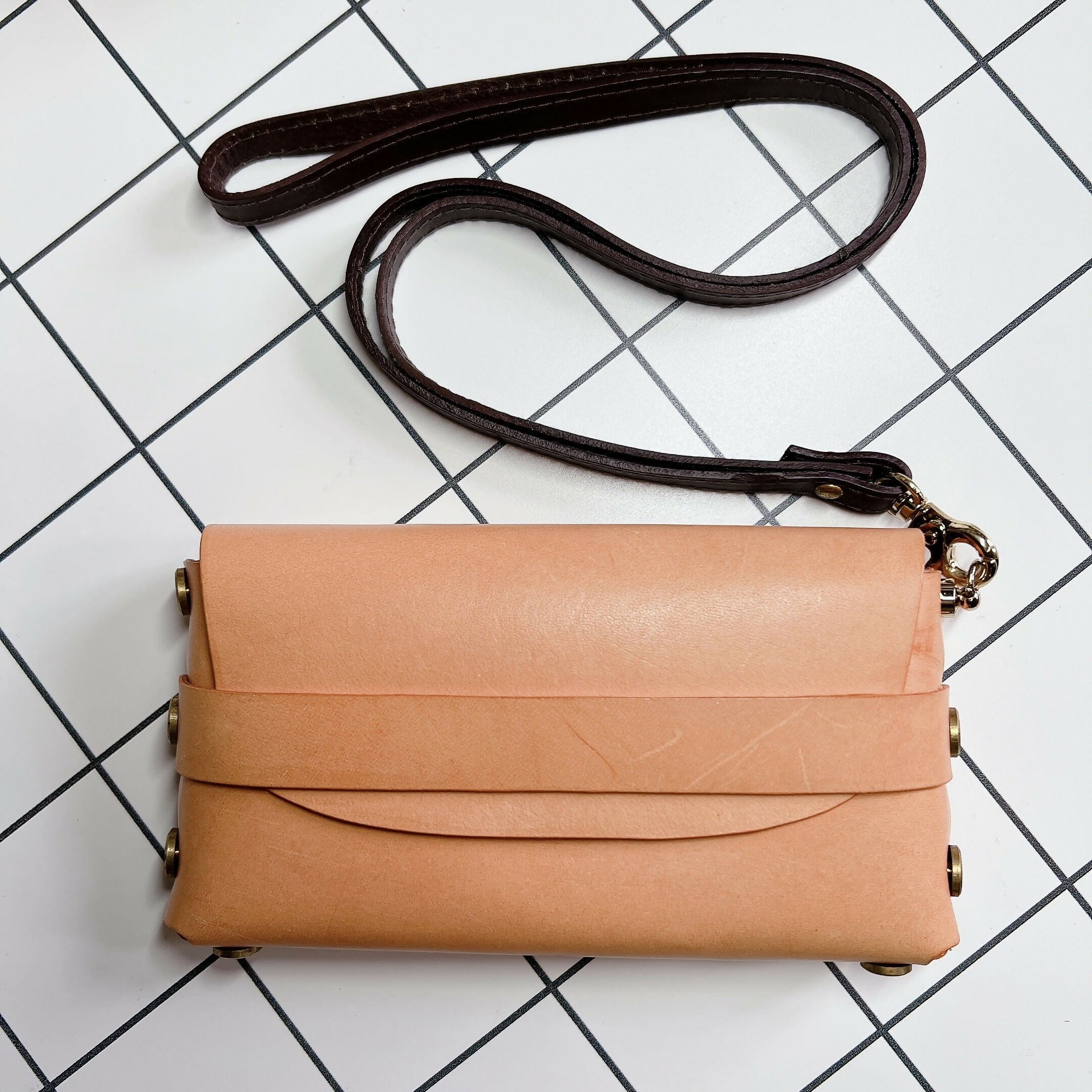 Peach - Fold Leather Clutch with Wrist Strap