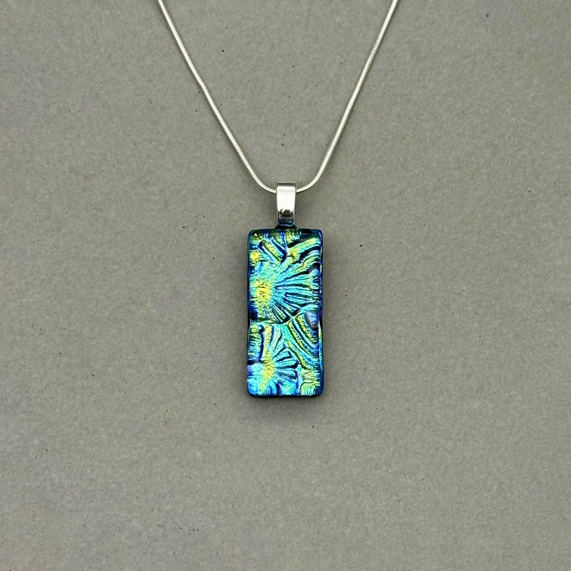 Blue & Green Flower Dichroic Glass Necklace and Earrings Set - Sterling Silver, Handmade by Jade Tapson Glass.