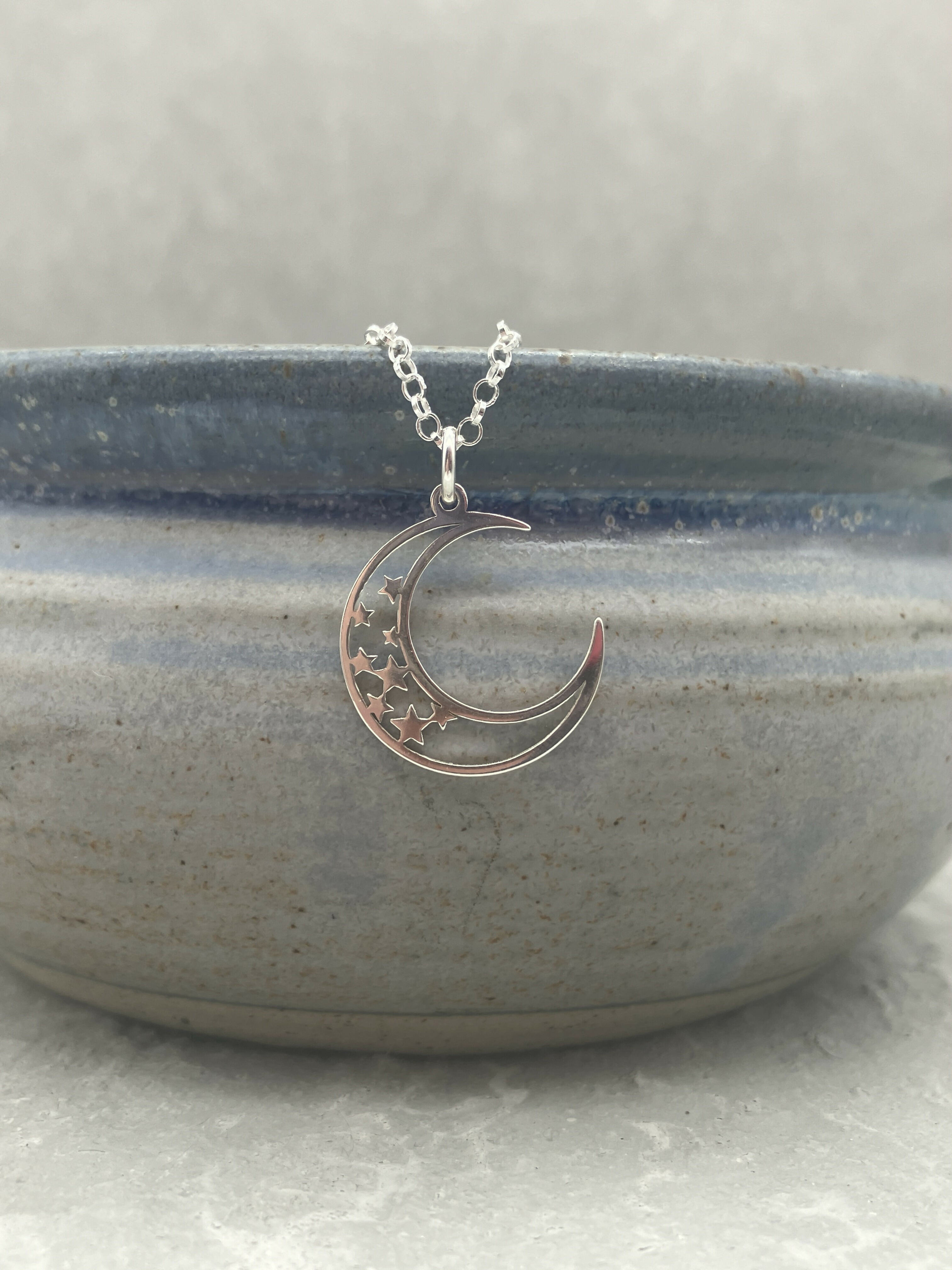 Crescent Moon with Stars Silver Pendant