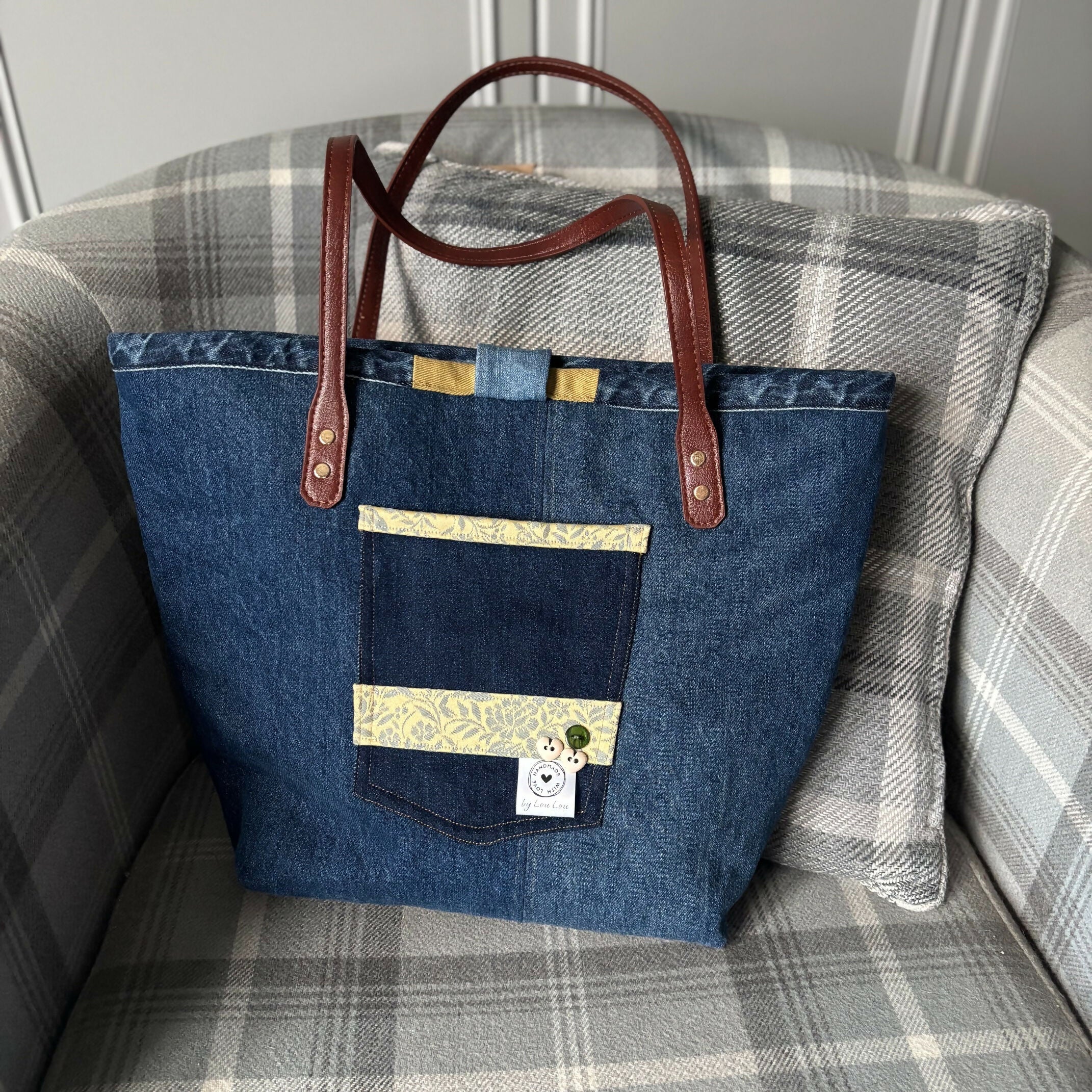 Unique Handcrafted Structured Denim Tote Shopping Bag Handbag Made From Upcycled Jeans