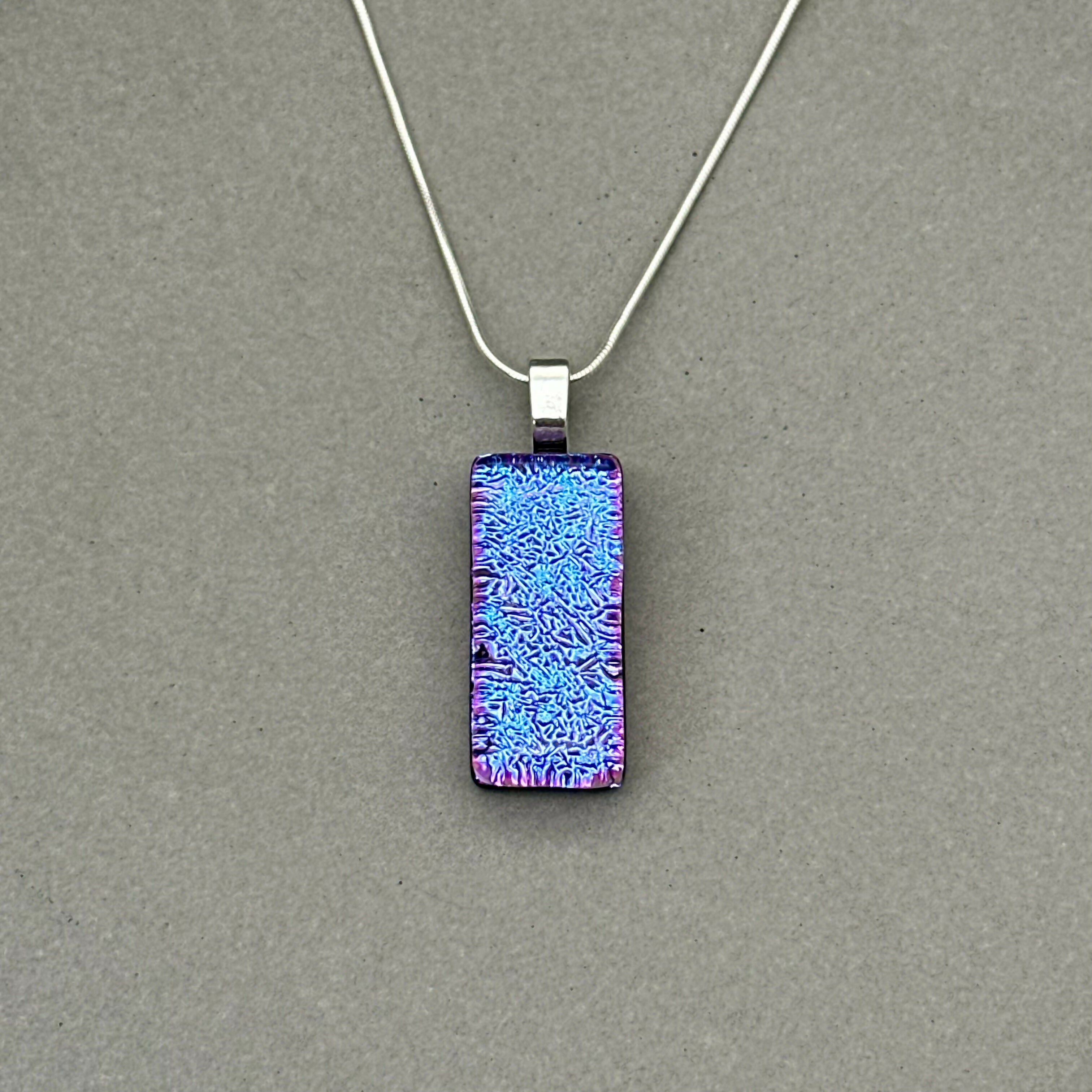 Purple & Pink Crackle Dichroic Fused Glass Pendant with Silver Plated Chain - Handmade by Jade Tapson Glass.