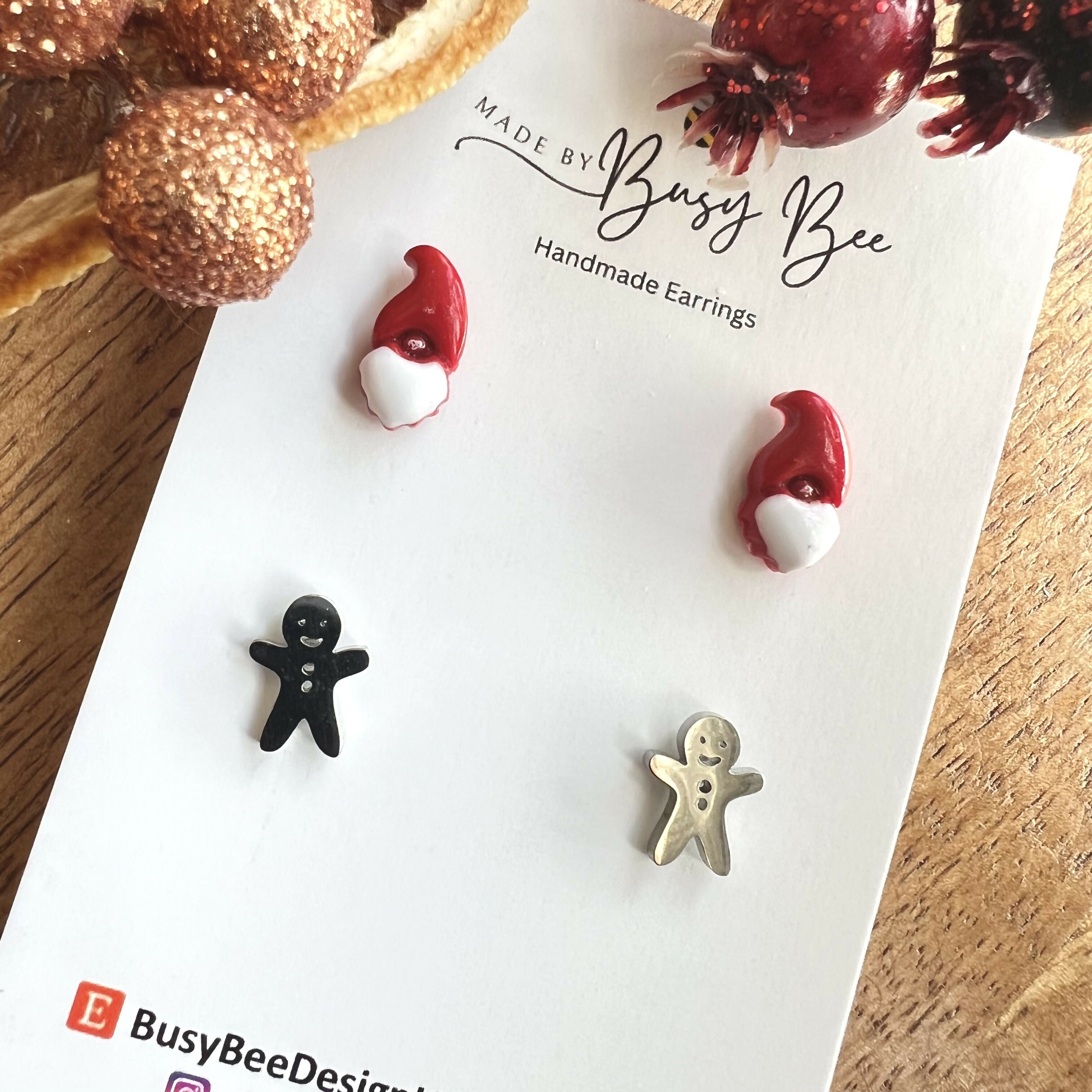 Handmade Christmas Stud Earrings / Set of 2 pairs of Studs / Handmade Polymer Clay Jewellery