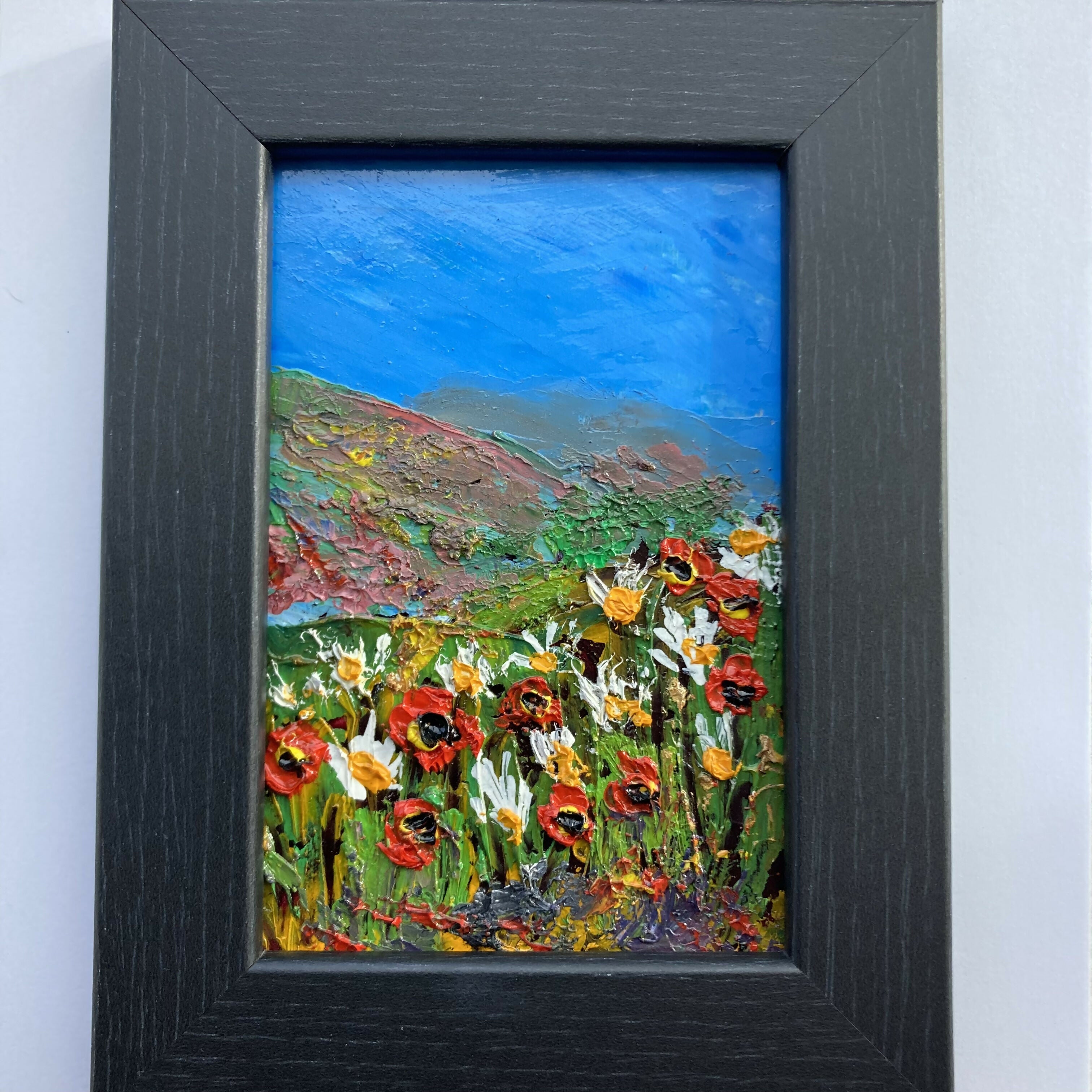 Poppies & Daisies - Black Framed Original Oil Painting Mini