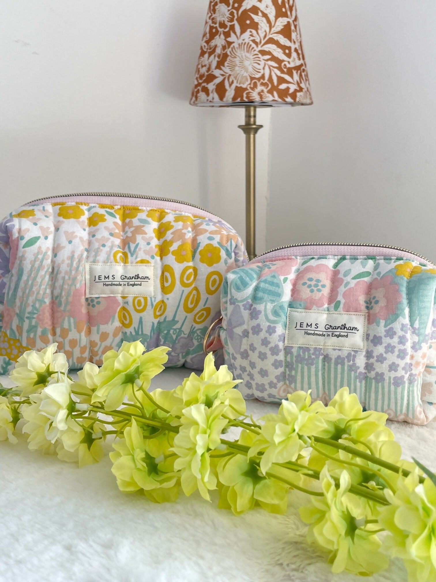 Quilted Toiletry Bag with zipper Meadow Print Handmade in UK