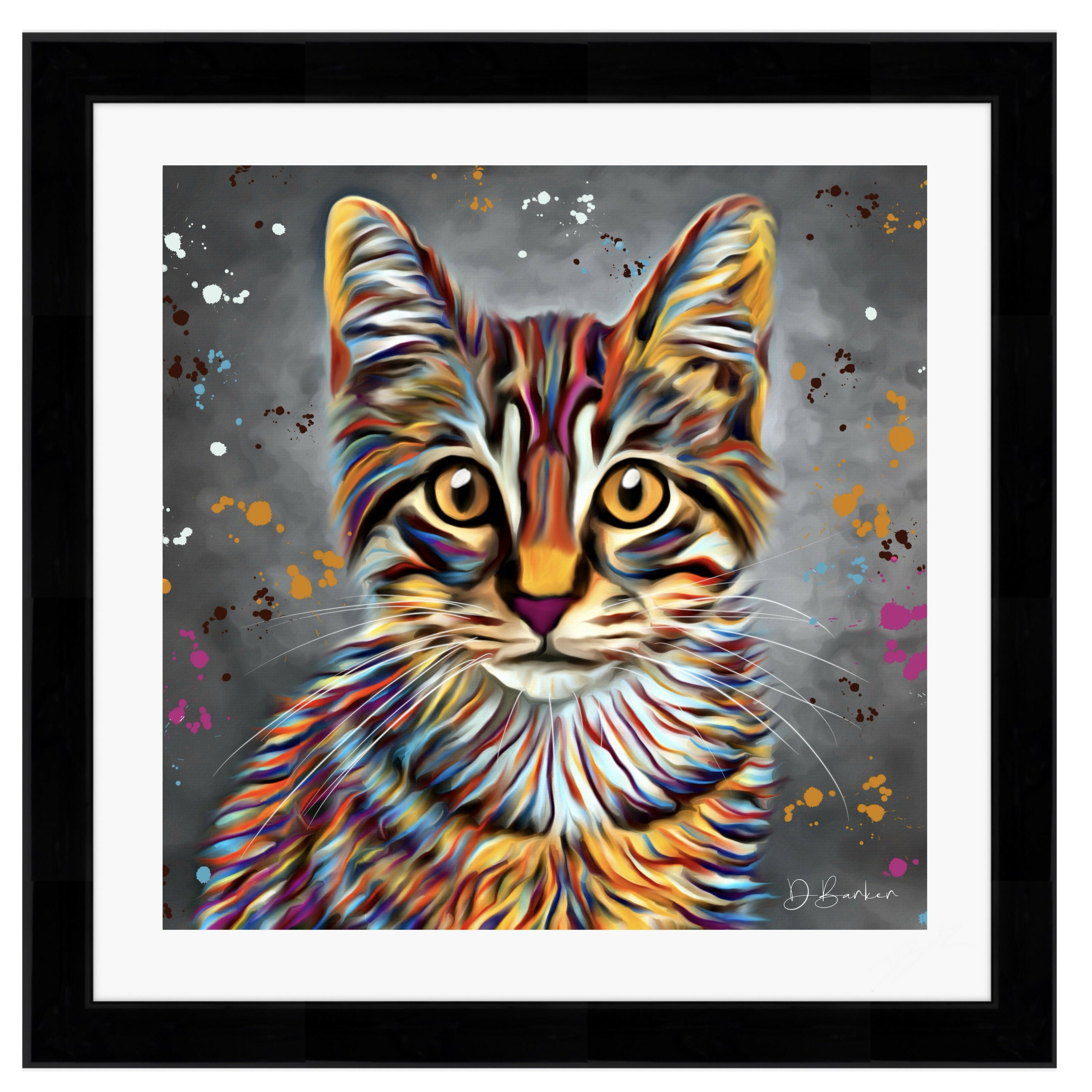 TABBY CAT COLOUR SPLASH FRAMED ARTWORK.