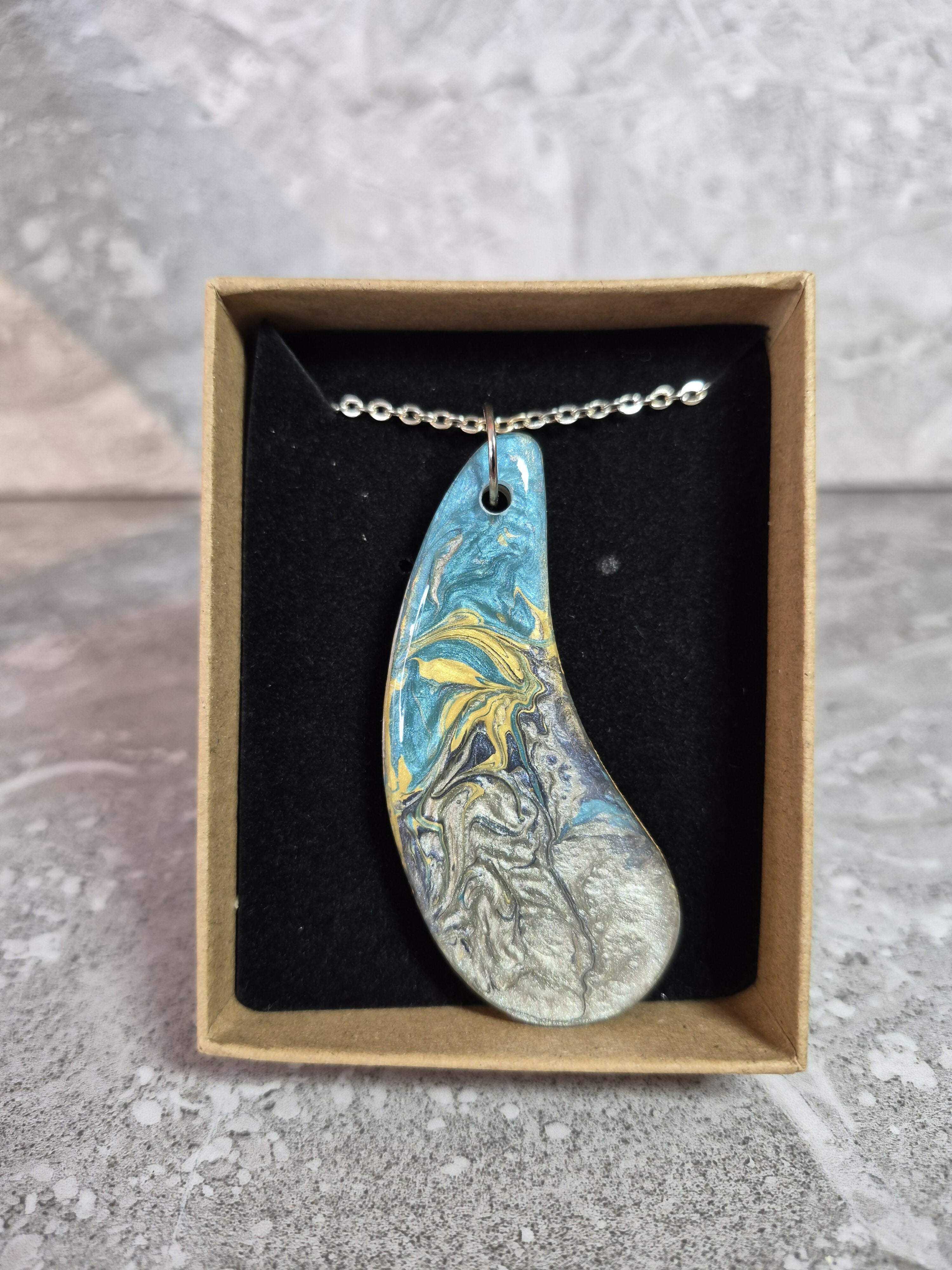 Unique Hand Crafted Pendant With Cyan, Blue, Gold and Silver Marble Effect