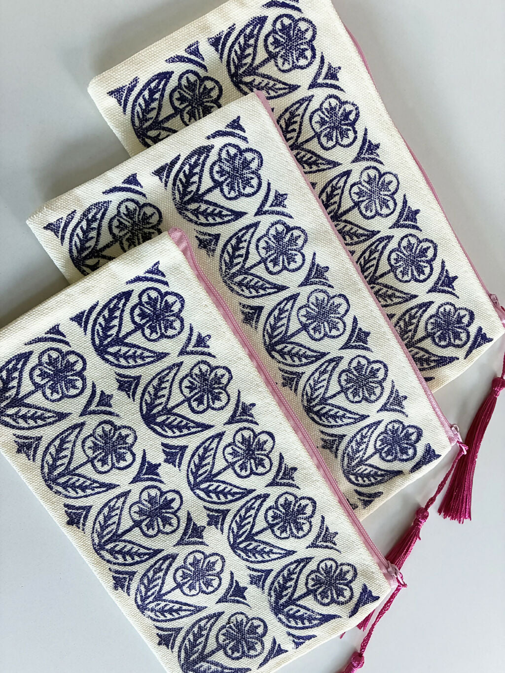 Hand printed Zip Pouch with Purple Flower Design.