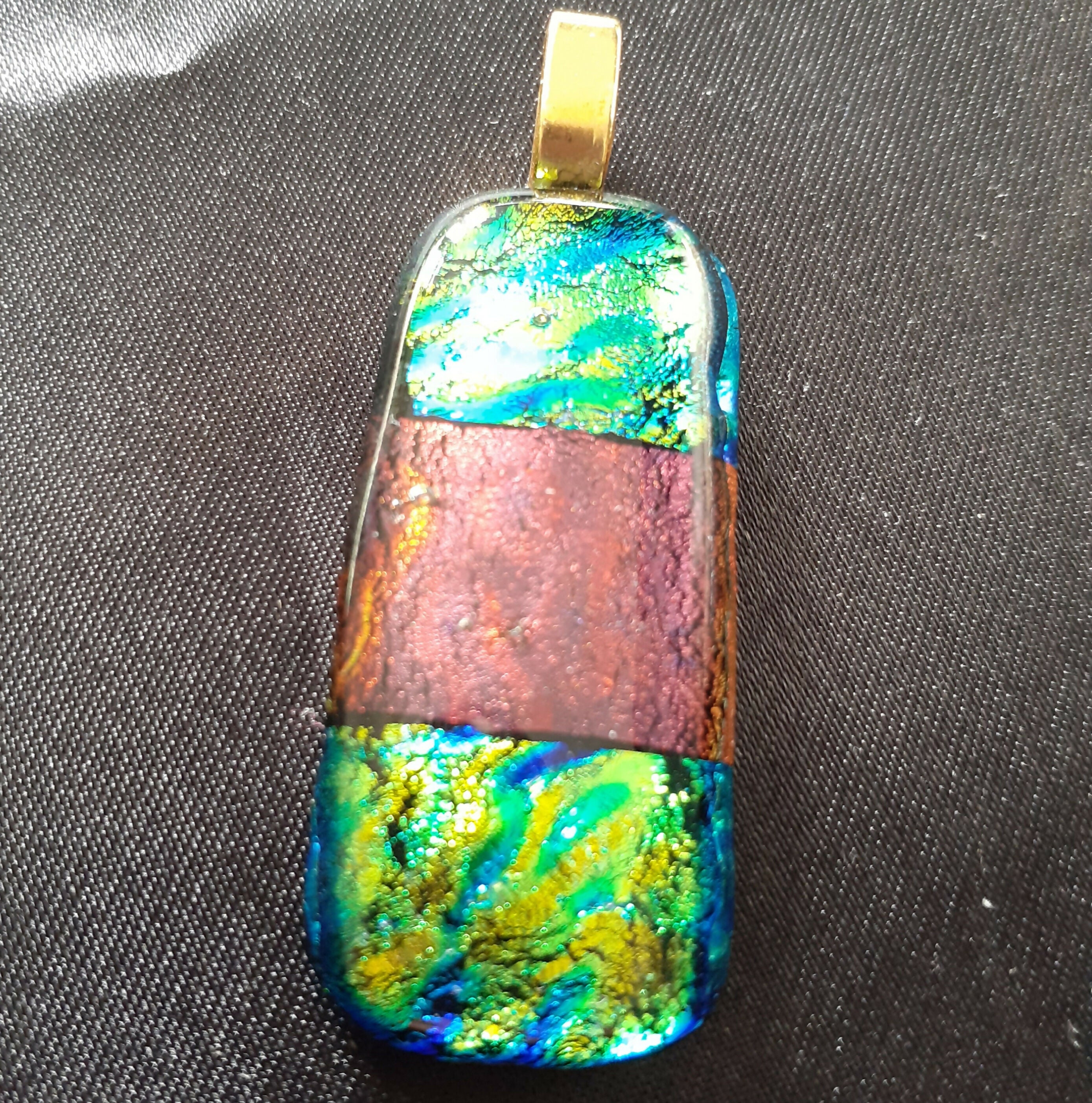 Fused Dichroic Glass Rectangular Pendant With a Gold Coloured Chain Necklace (Green/Gold and Dark Red)