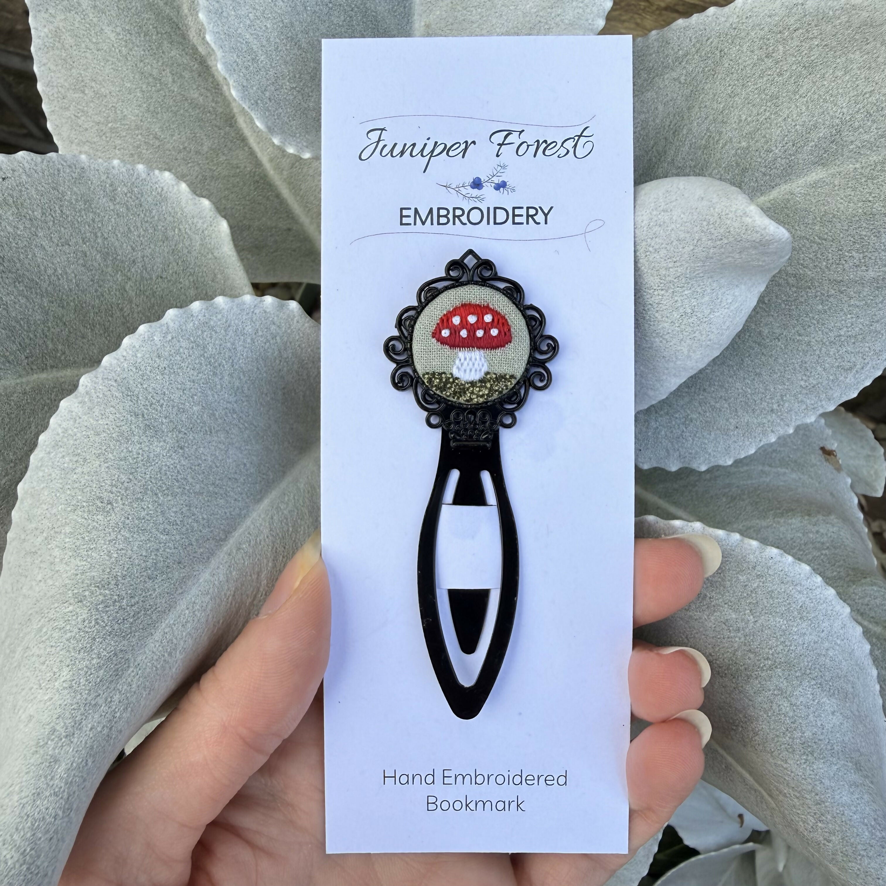 Black Hand Embroidered Mushroom Bookmark