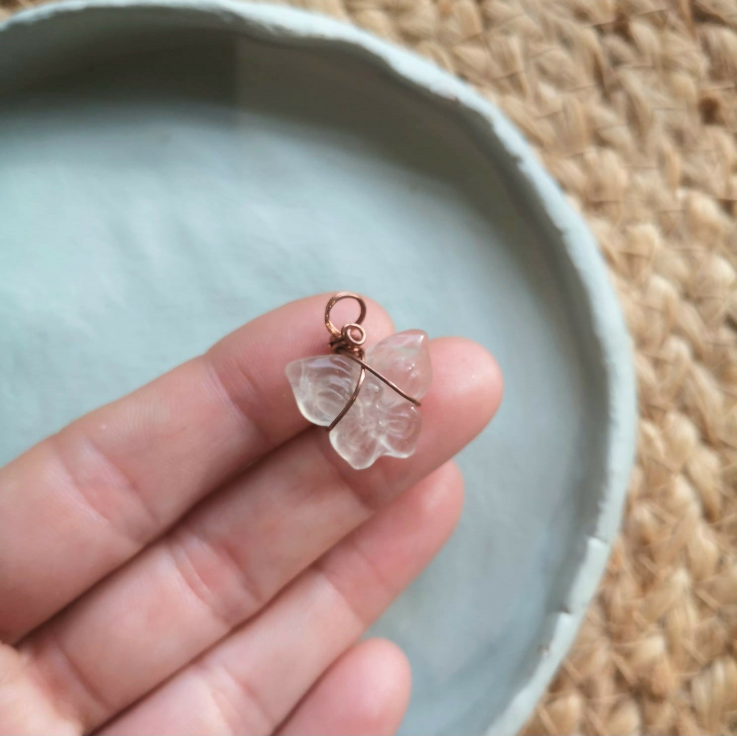 Yellow Fluorite Butterfly Pendant With Suede Cord. Made With Natural Copper Wire