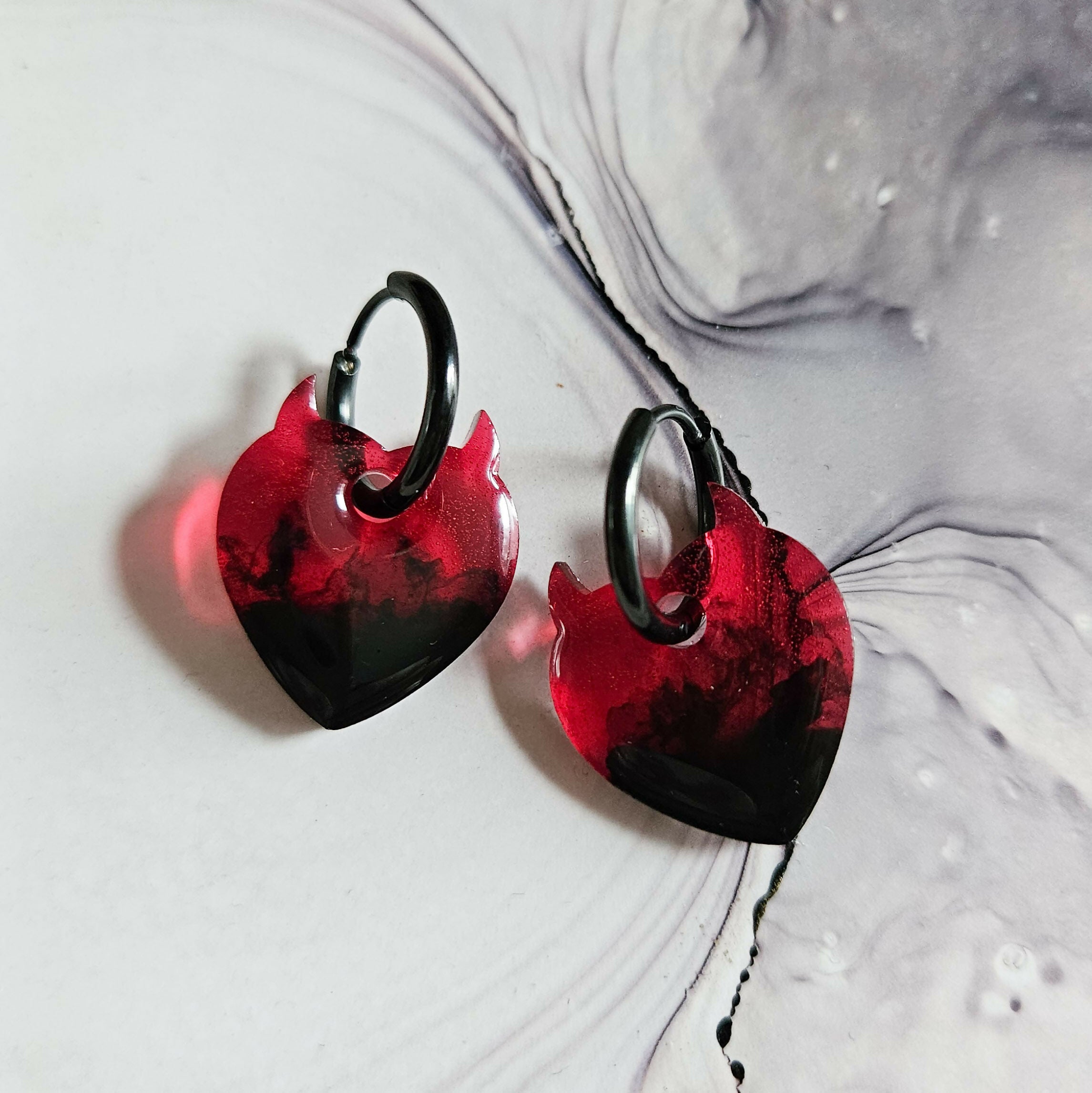 Handmade Red Black Devil Hearts Charms On Black Hoops