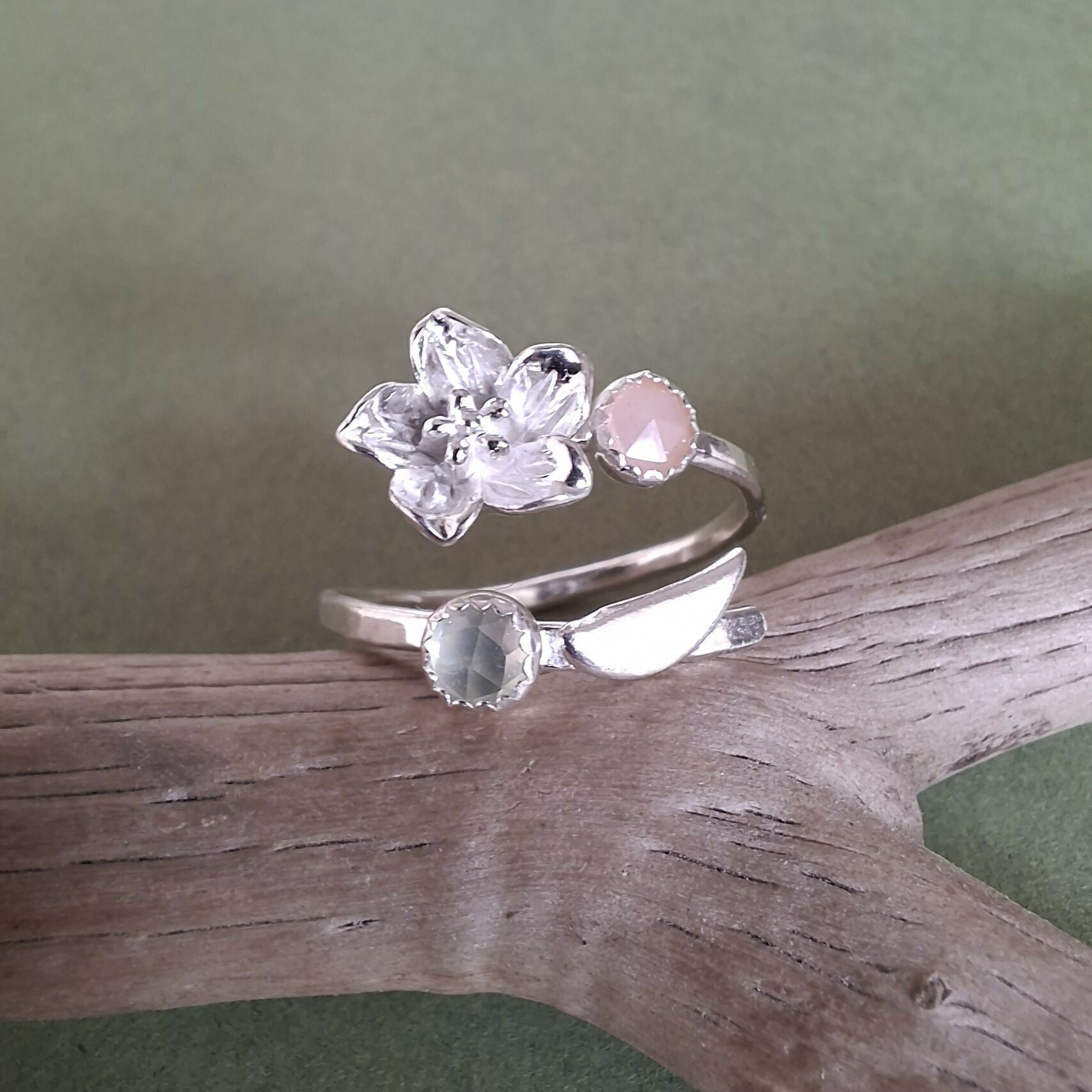 Handmade Adjustable Flower Ring With Moonstone & Prehnite