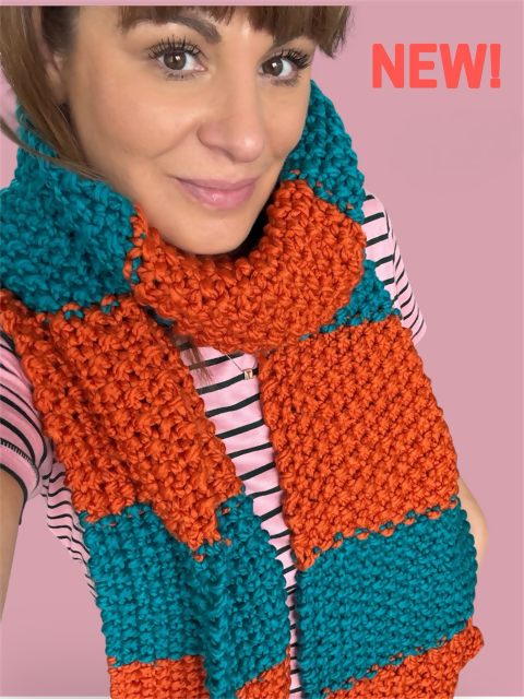 LONG COSY CHUNKY STRIPY SCARF - ORANGE & RAINFOREST BLUE