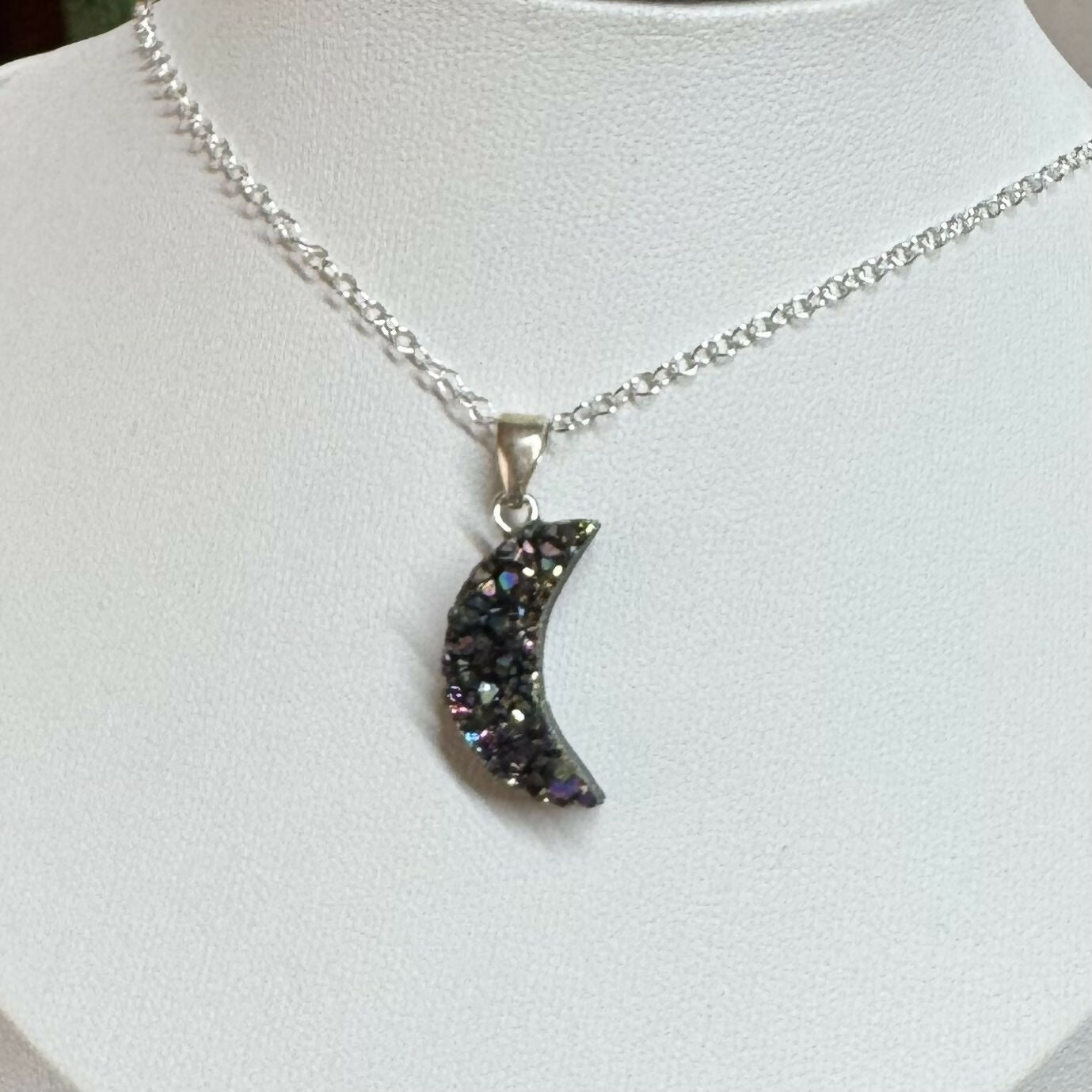 Amethyst Druzy Crescent Moon Necklace - Small