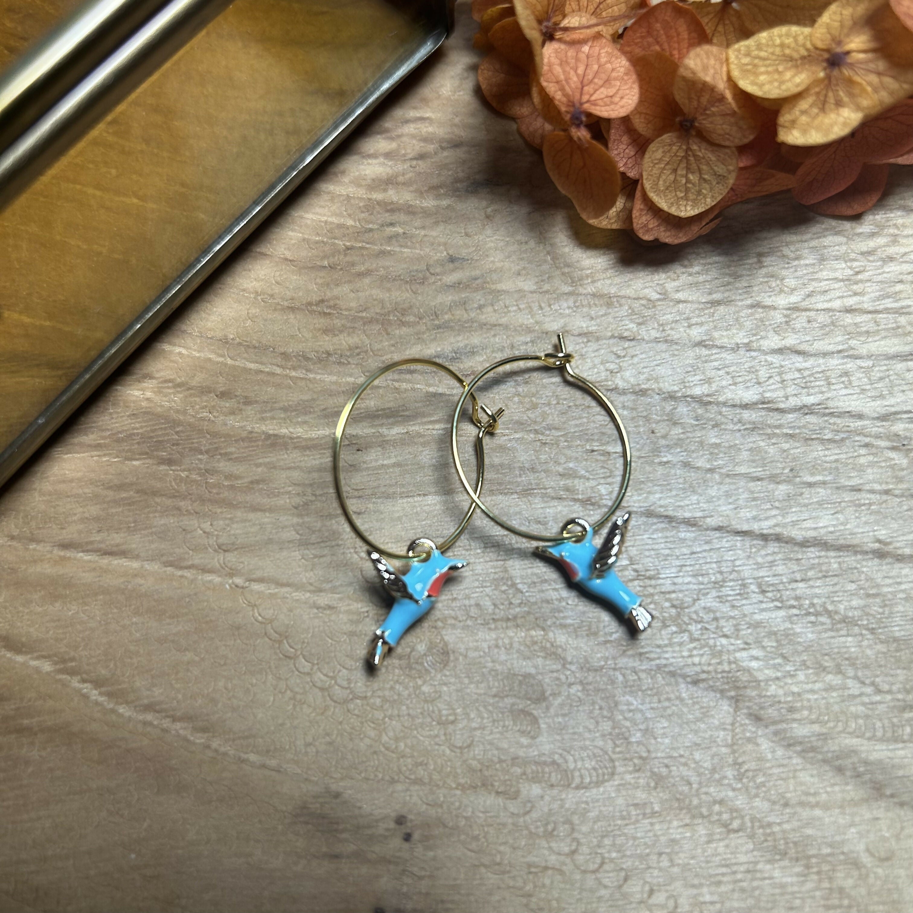 Lovely Gold Plated Hoops With Humming Bird Charms