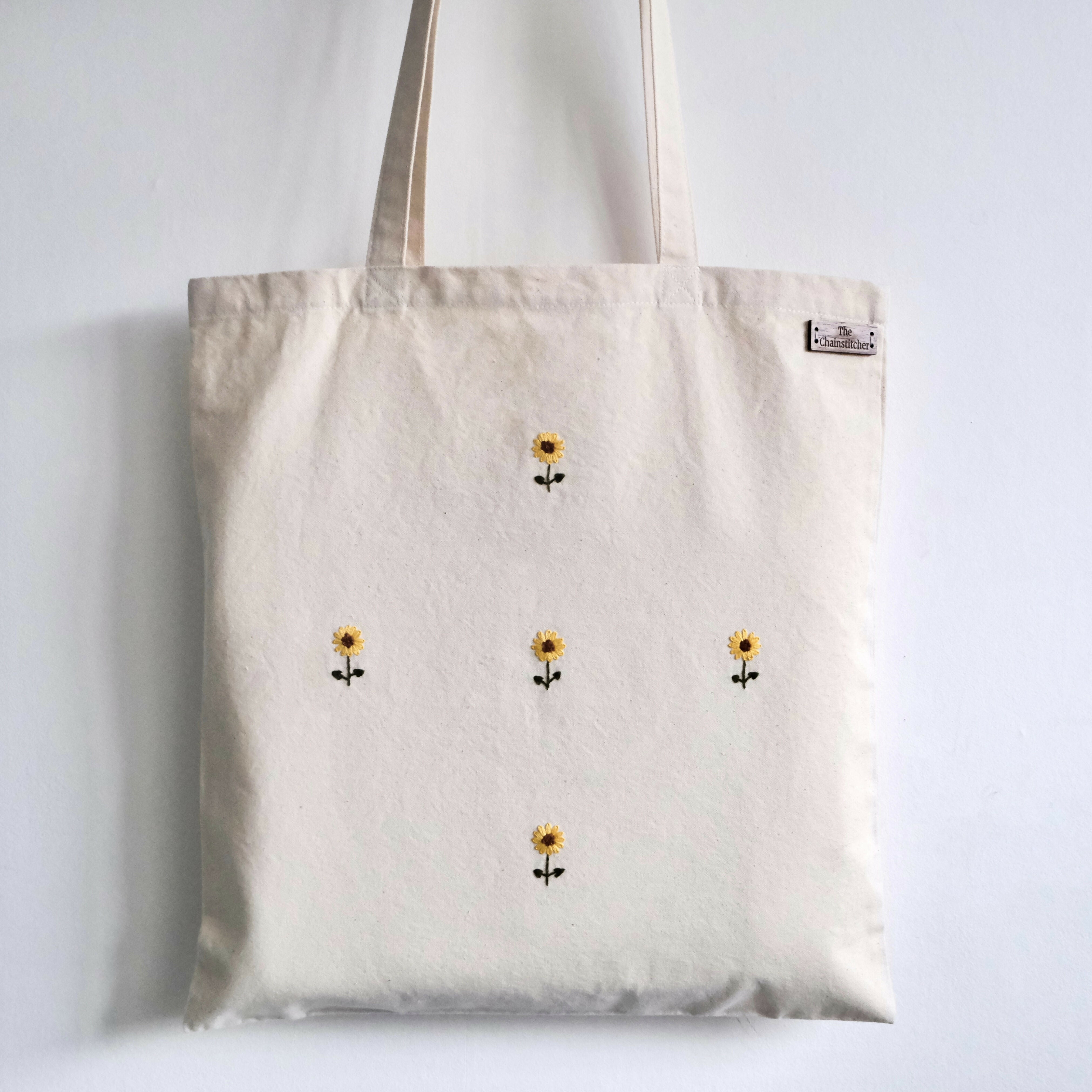 Hand Embroidered Sunflower Tote Bag