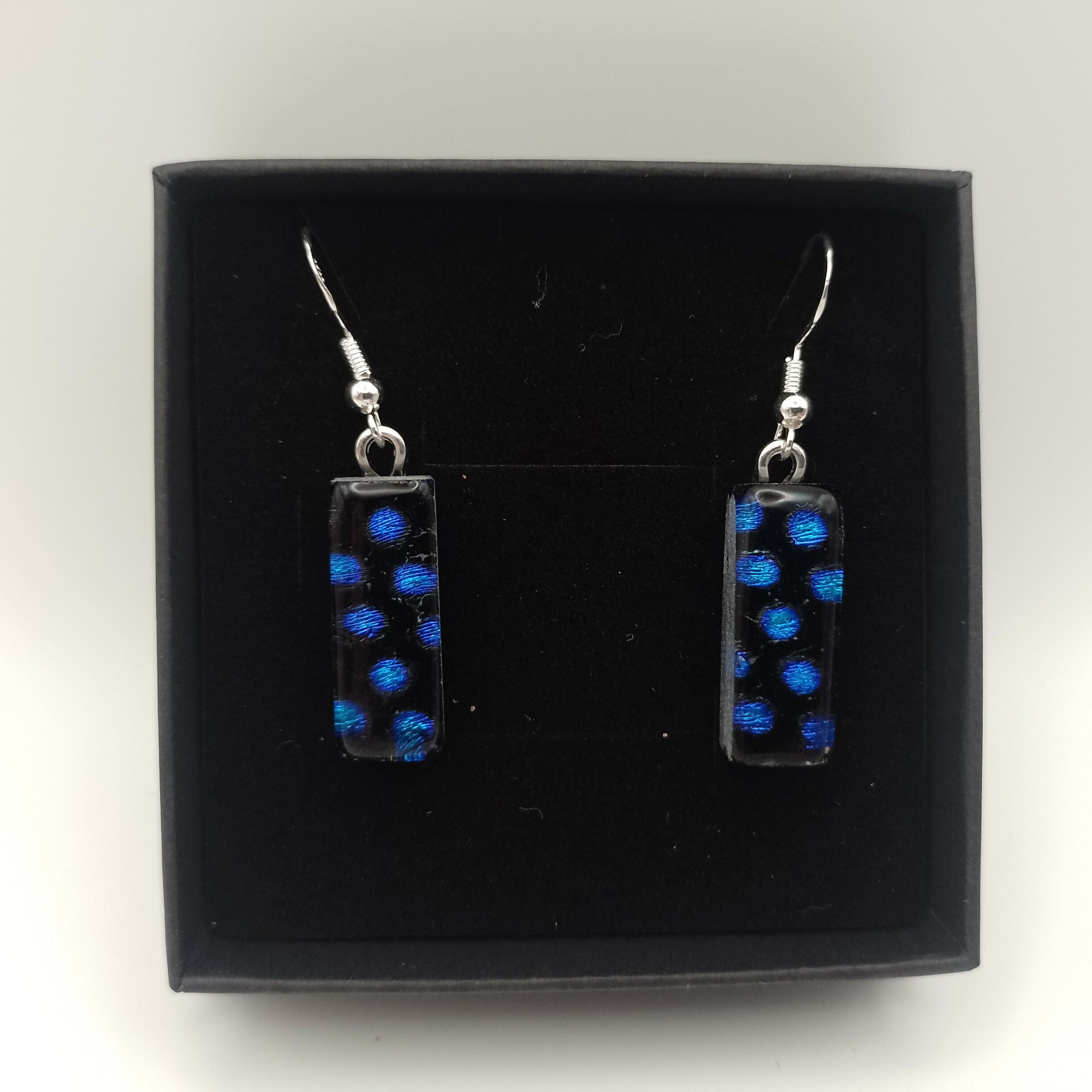 Blue and Purple Spots on Black Dichroic Earrings
