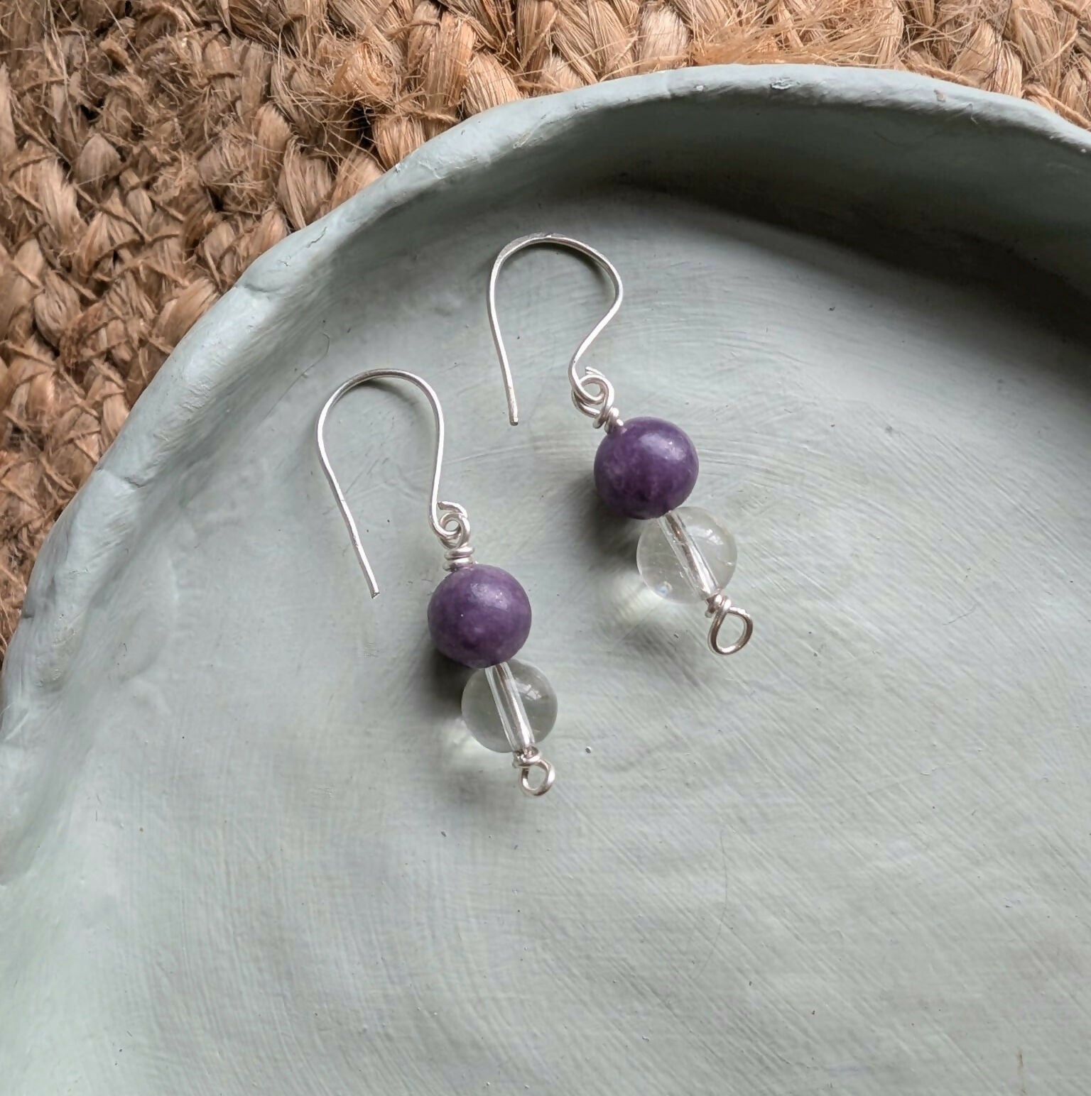 Crown Chakra Sterling Silver Earrings. Made with Lepidolite & Quartz