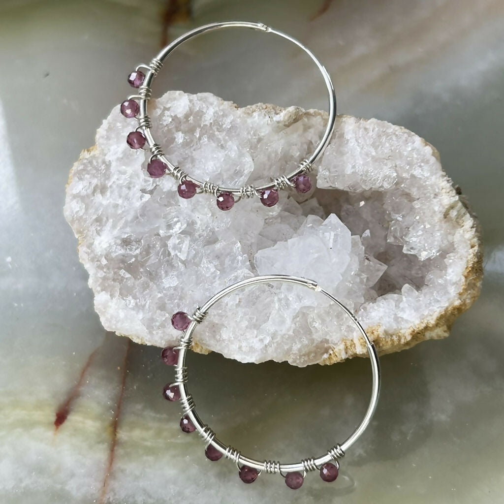 Handmade Sterling Silver Rhodonite Beaded Hoop Earrings