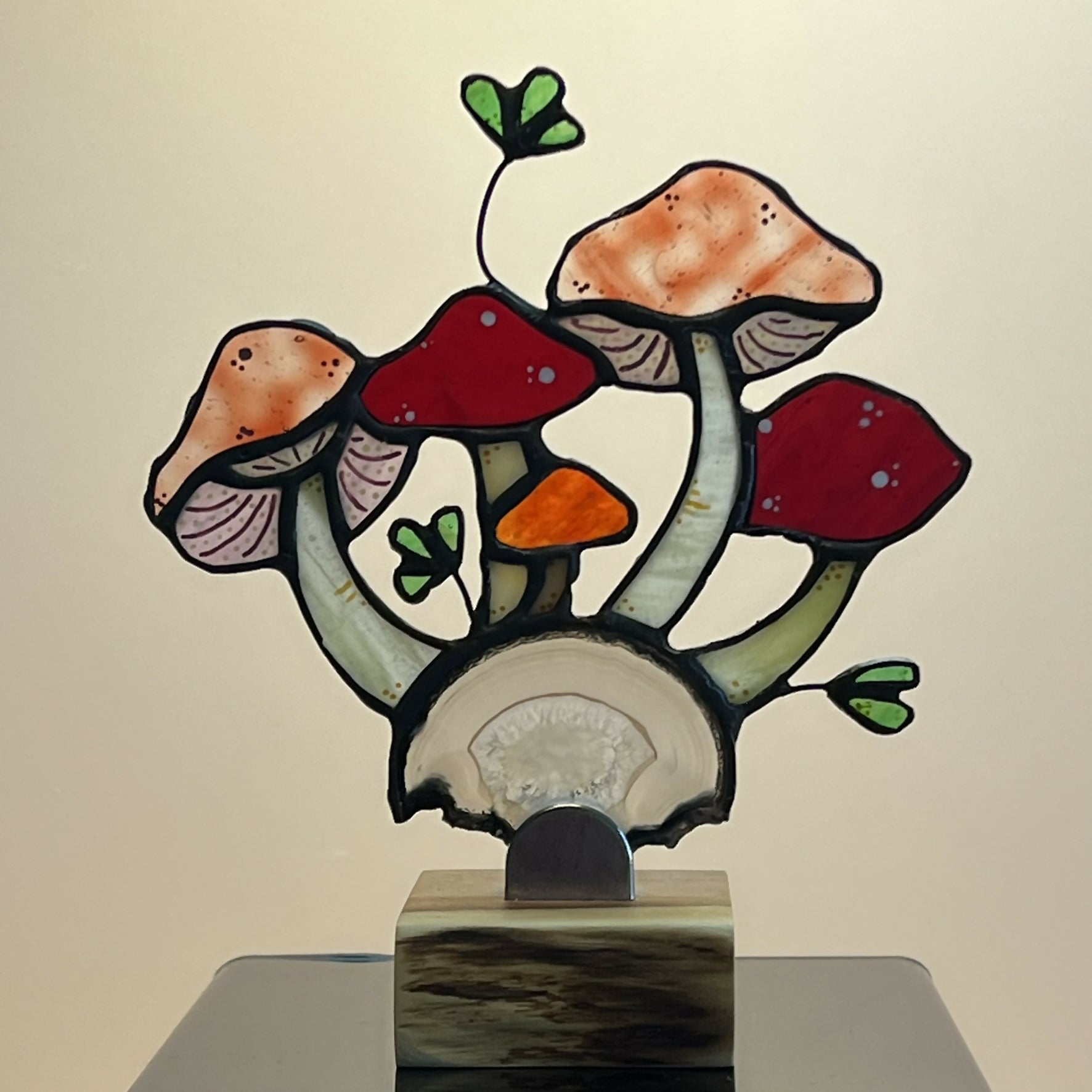 Stained Glass Toadstools on Agate Slice