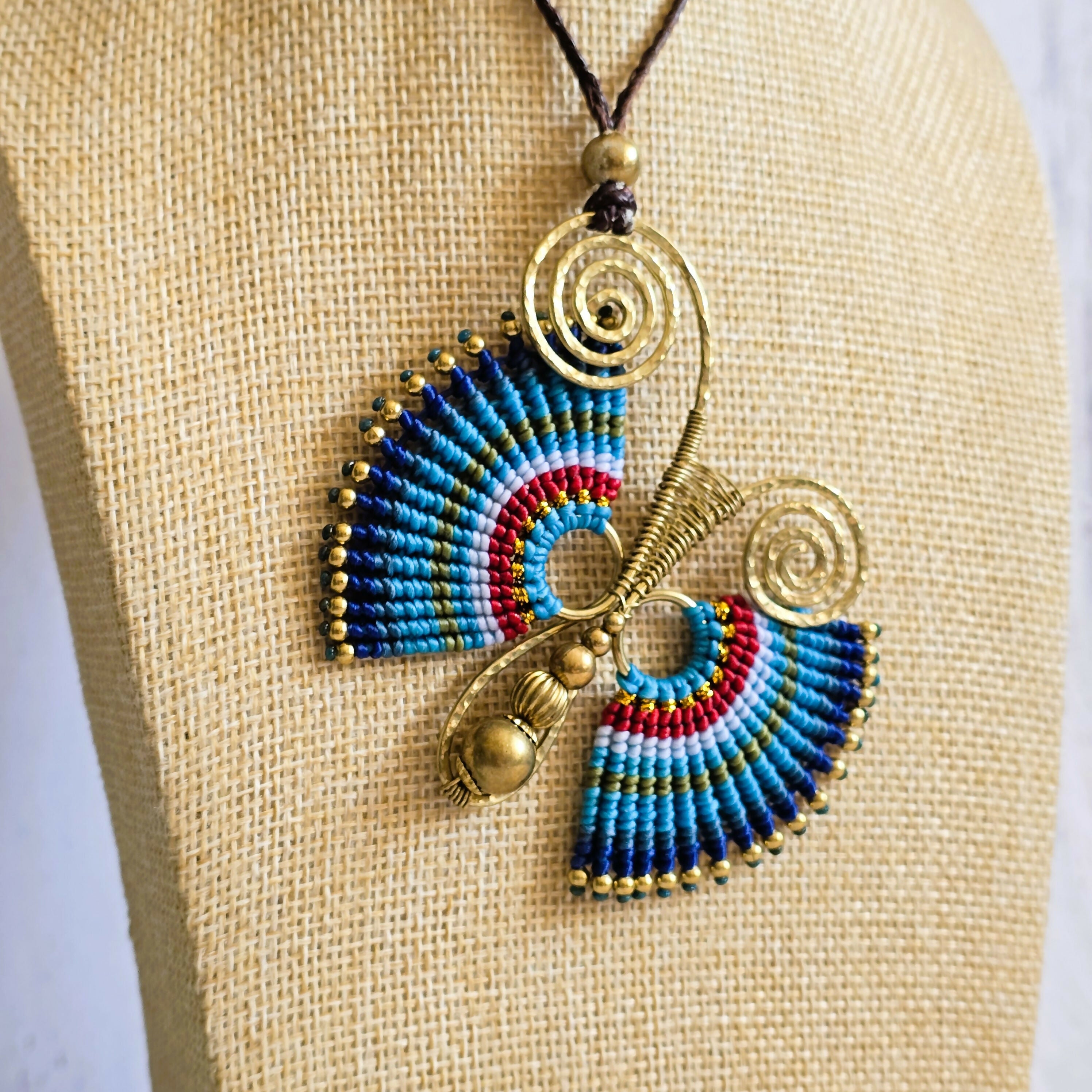 Blue Butterfly Necklace; Handcrafted Macramé & Gold Wire Art Statement Pendant