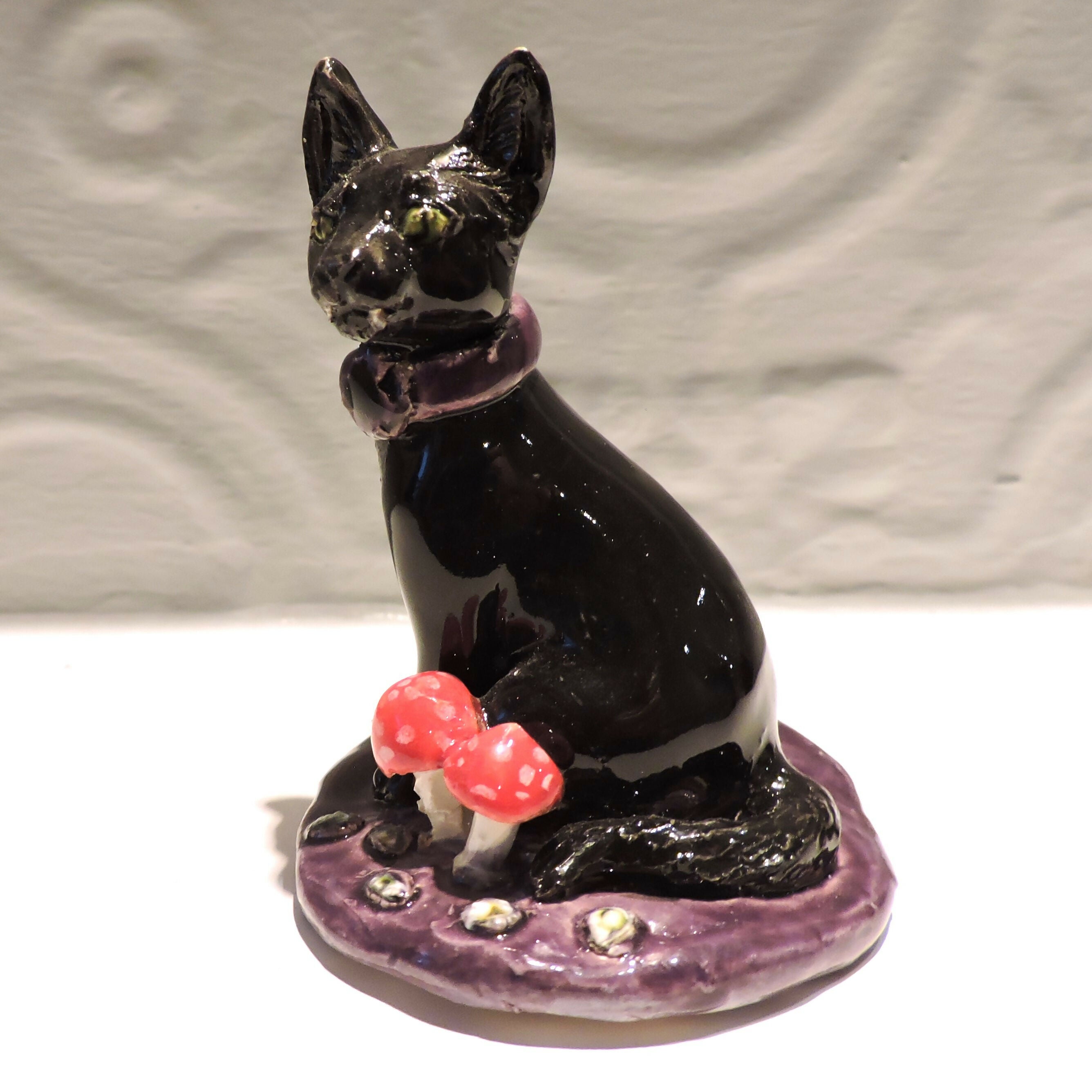 Ceramic Witches cat with mushrooms sculpture