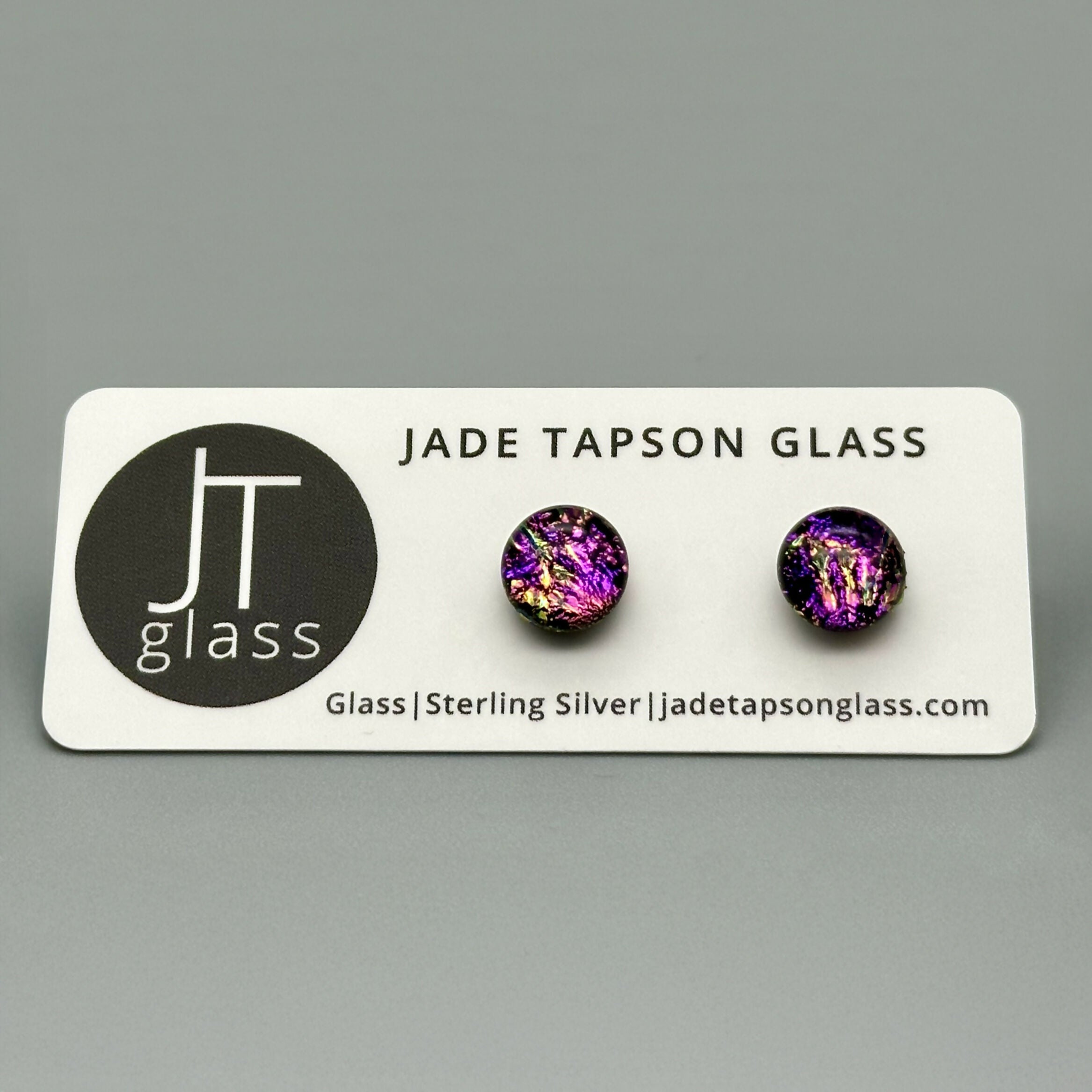 Pink Flower Dichroic Fused Glass Sterling Silver Stud Earrings - Handmade by Jade Tapson Glass.