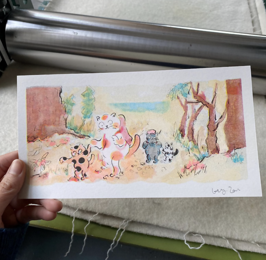 Riso print family hiking cats
