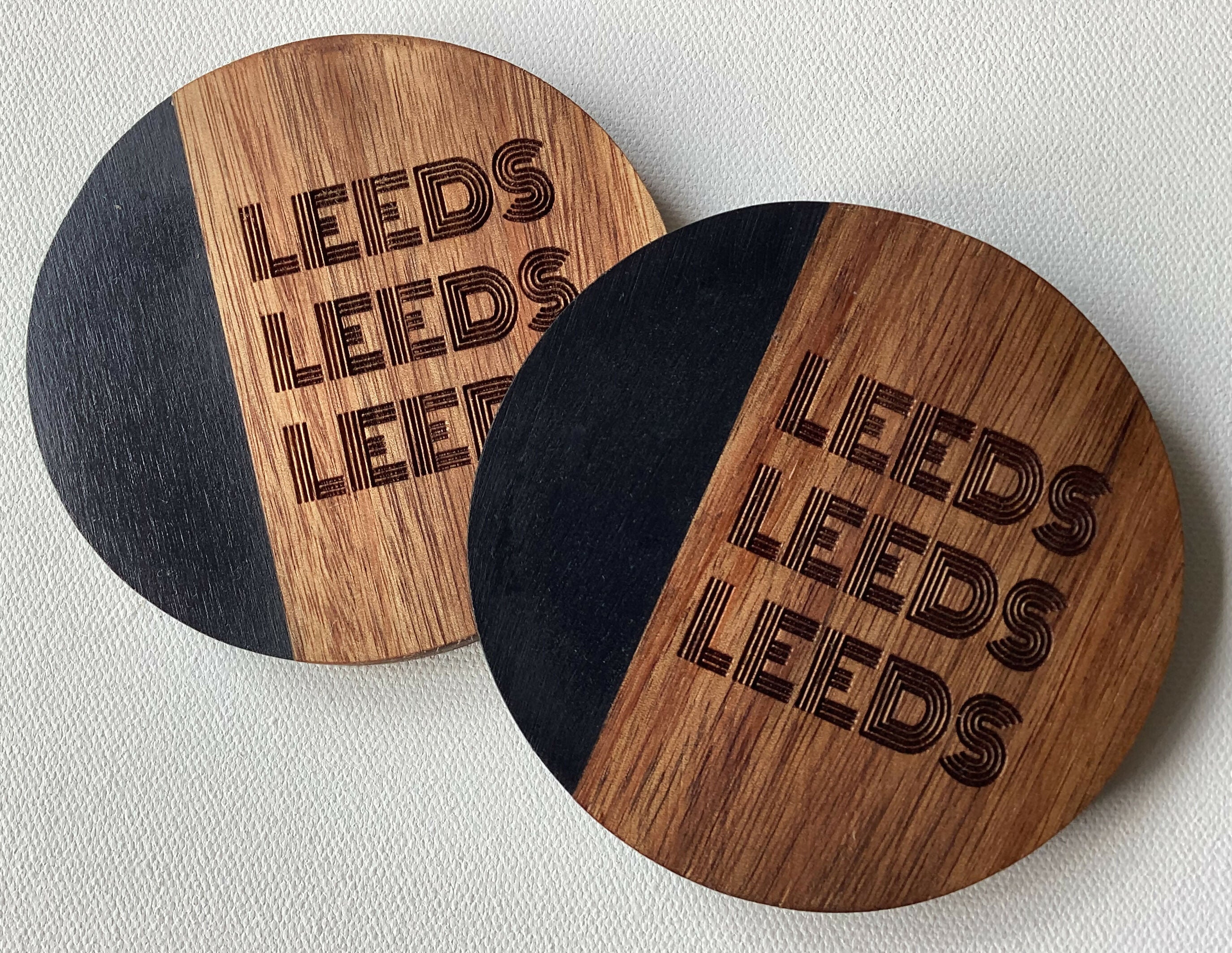 Leeds Football Inspired Engraved Black Marble and Acacia Wood Coaster