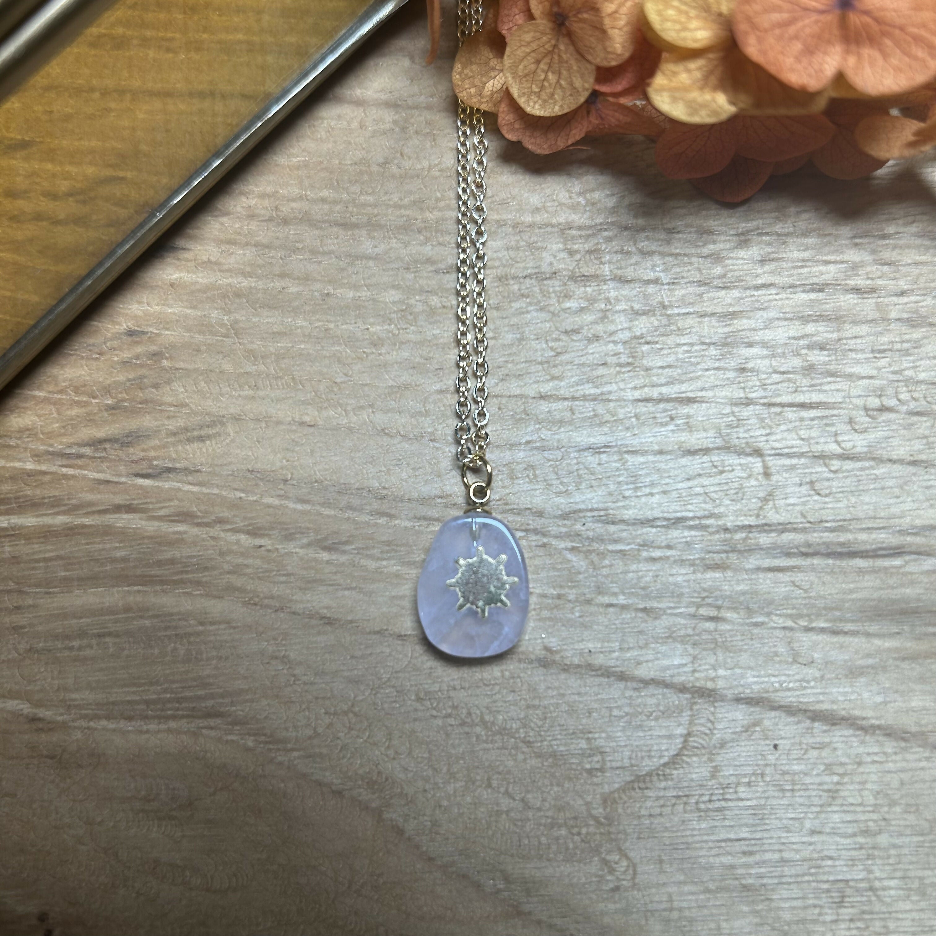 Lovely Gold Plated Rose Quartz & Sun Burst Pendant Necklace