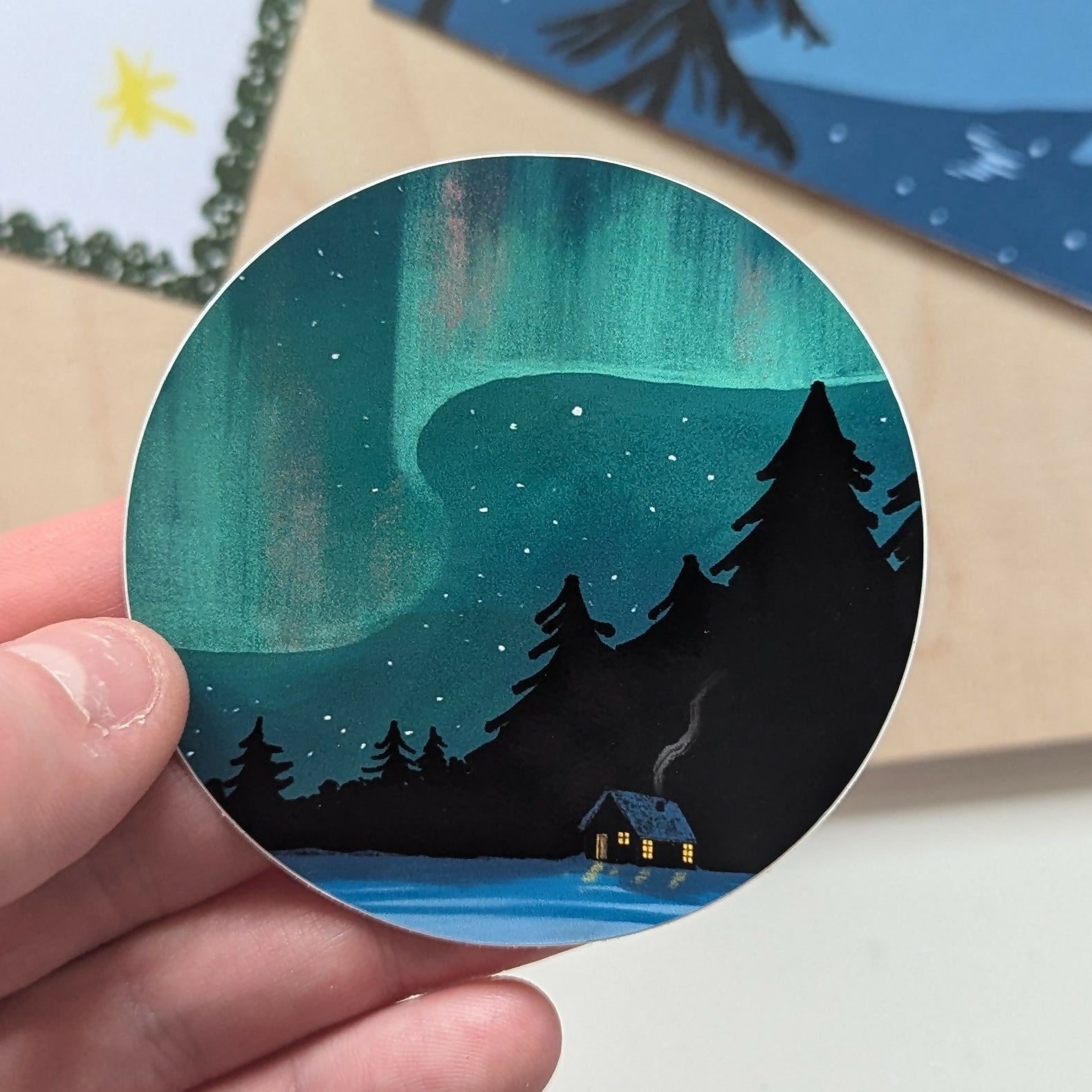 Northern Lights Cabin Illustrated Vinyl Sticker