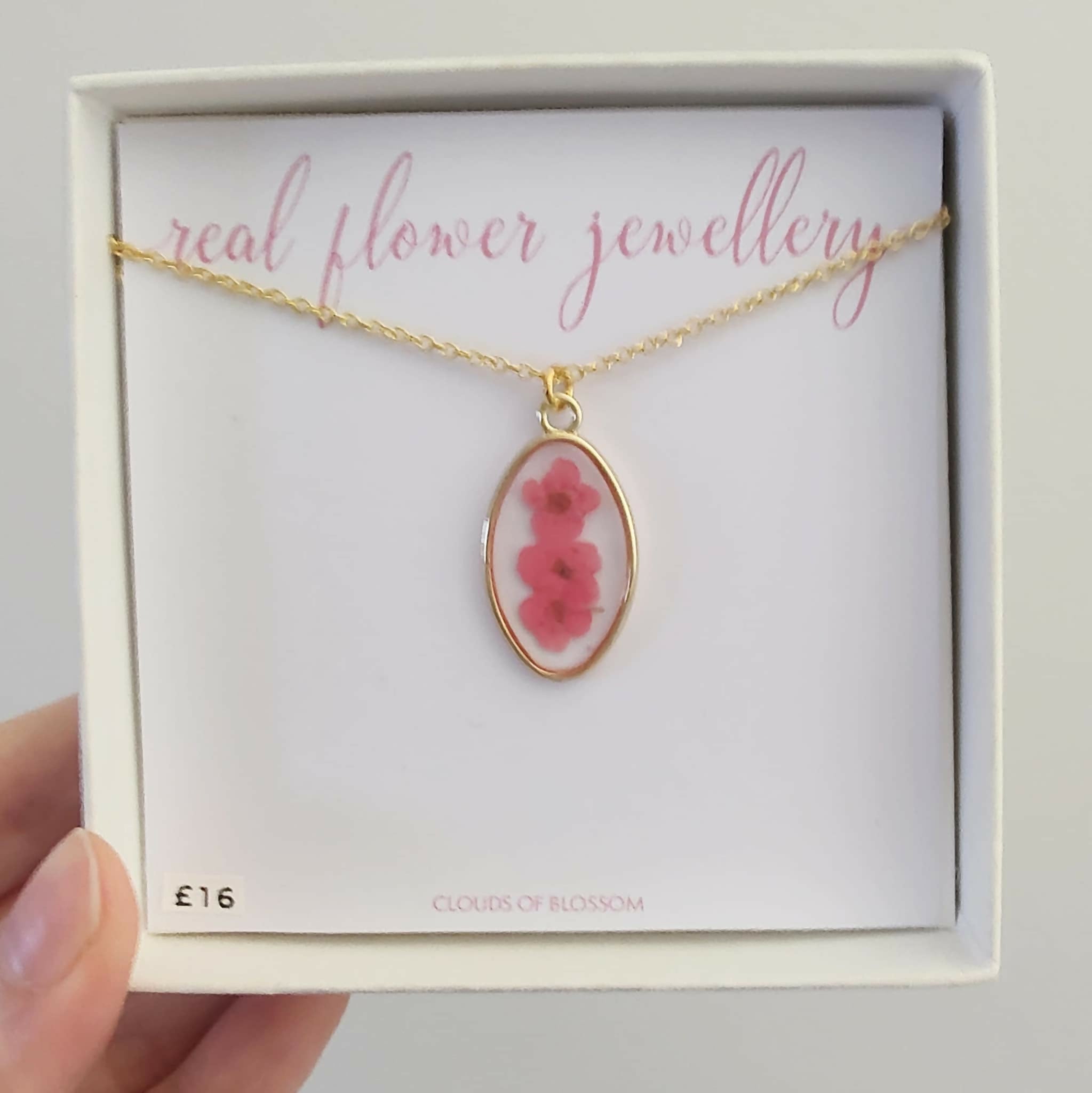 Real Flower Pink Oval Necklace Gold Plated