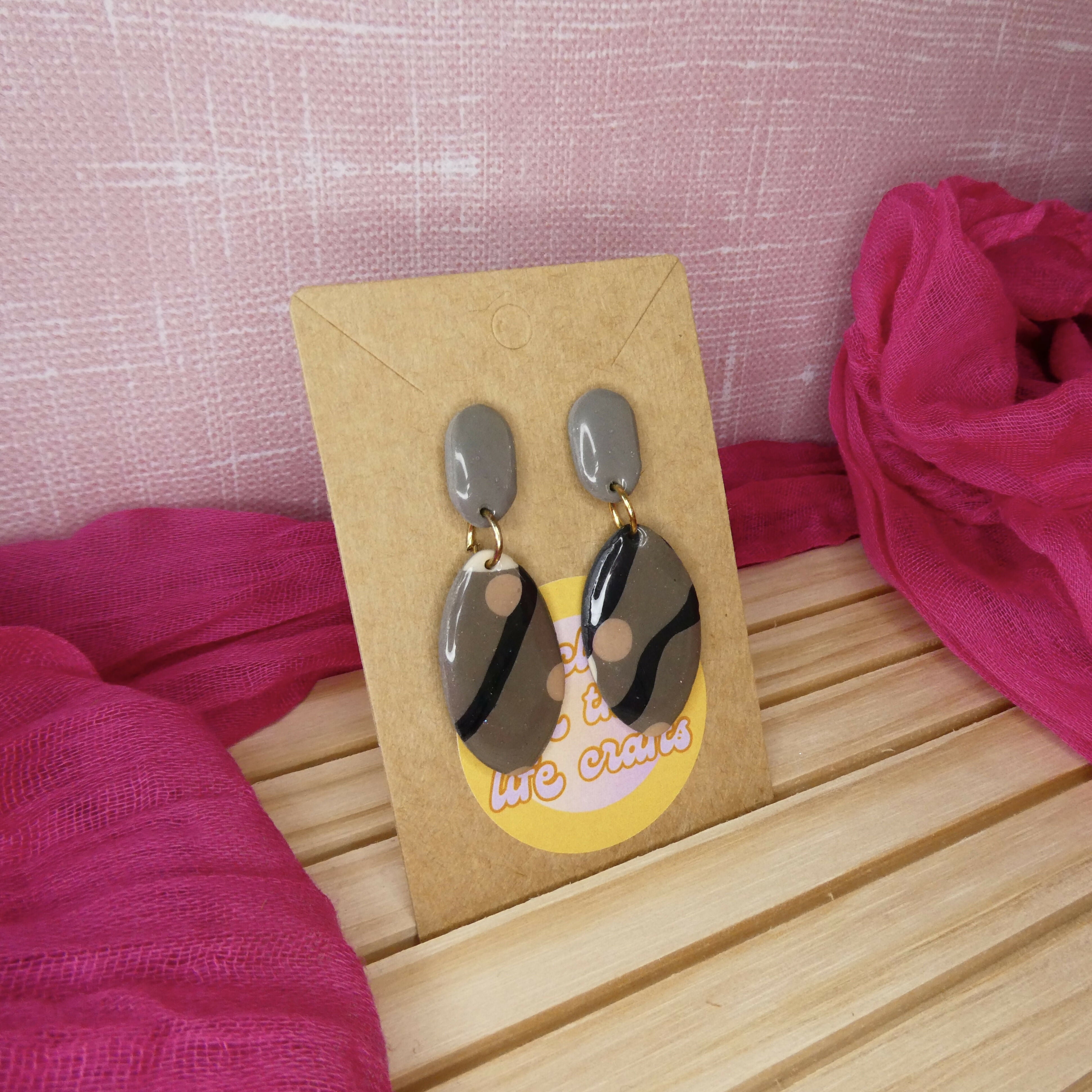 Brown Abstract Oval Polymer Clay Earrings