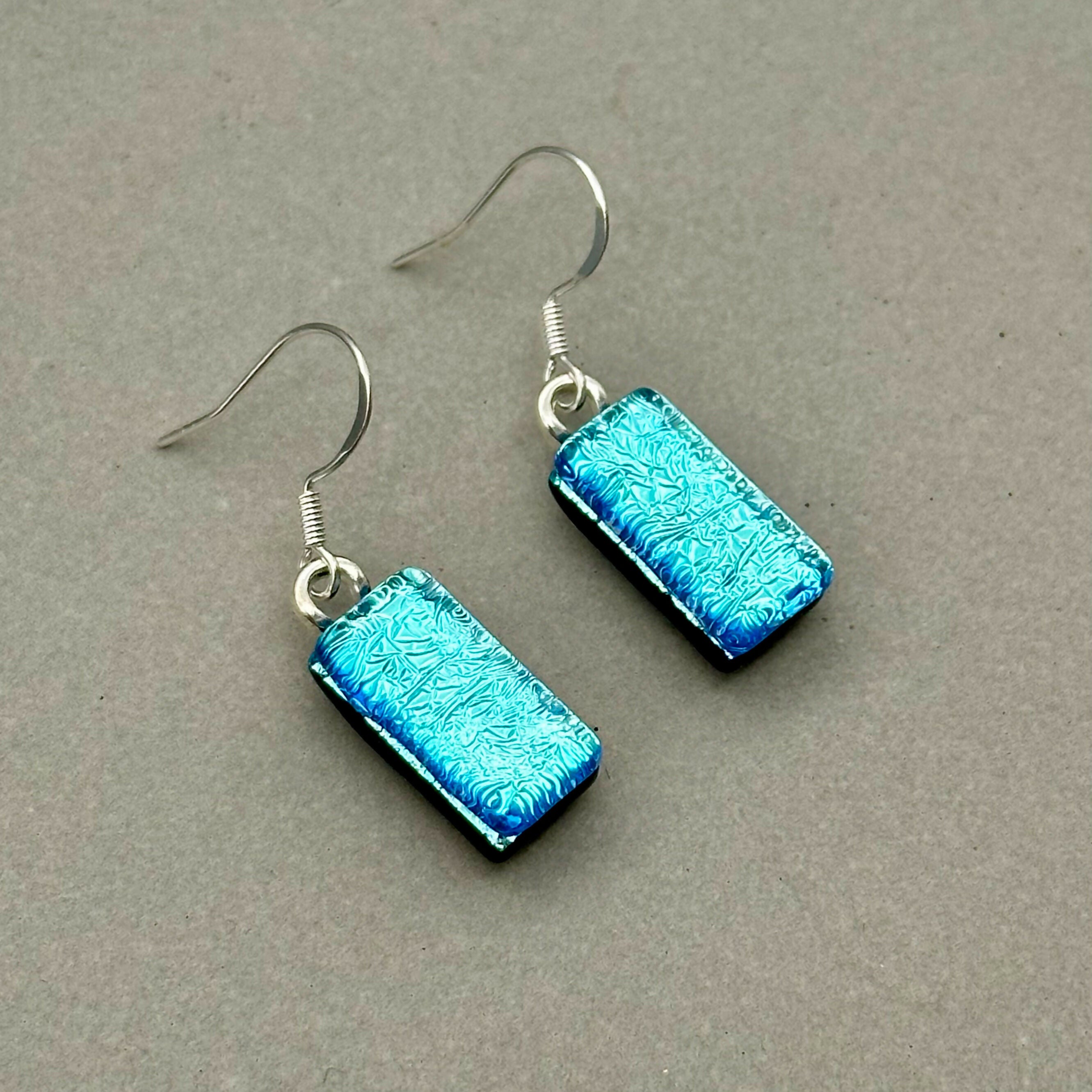 Ice Blue Dichroic Fused Glass Dangle Sterling Silver Earrings - Handmade by Jade Tapson Glass.