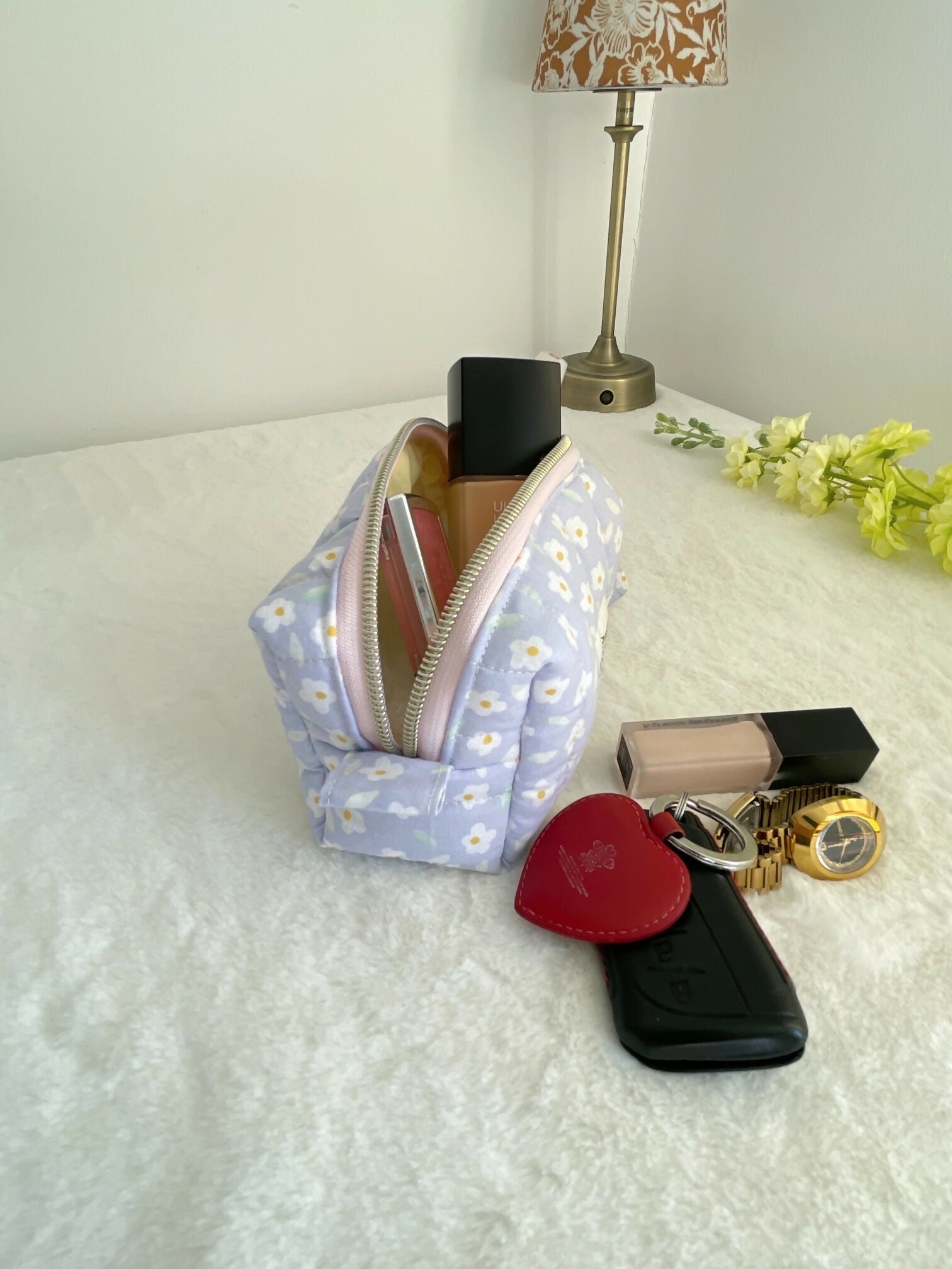 Lilac white flower print Quilted Toiletry Bag