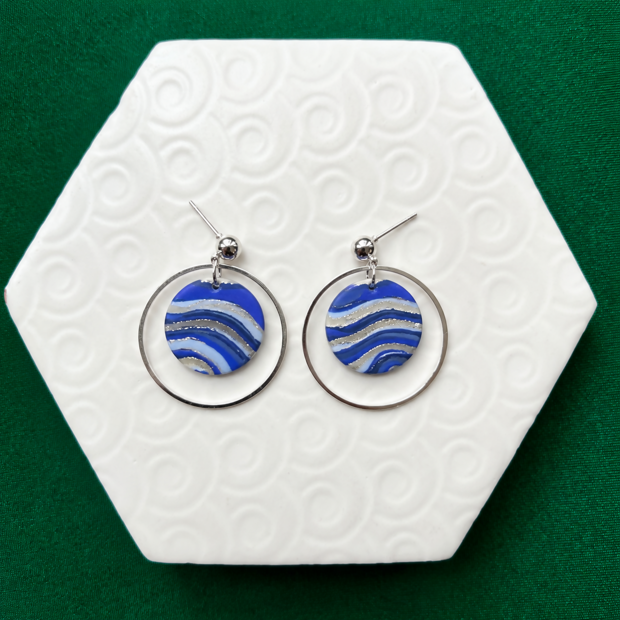 Jessie Blue Faux Stone Polymer Clay & Silver Hoop Earrings